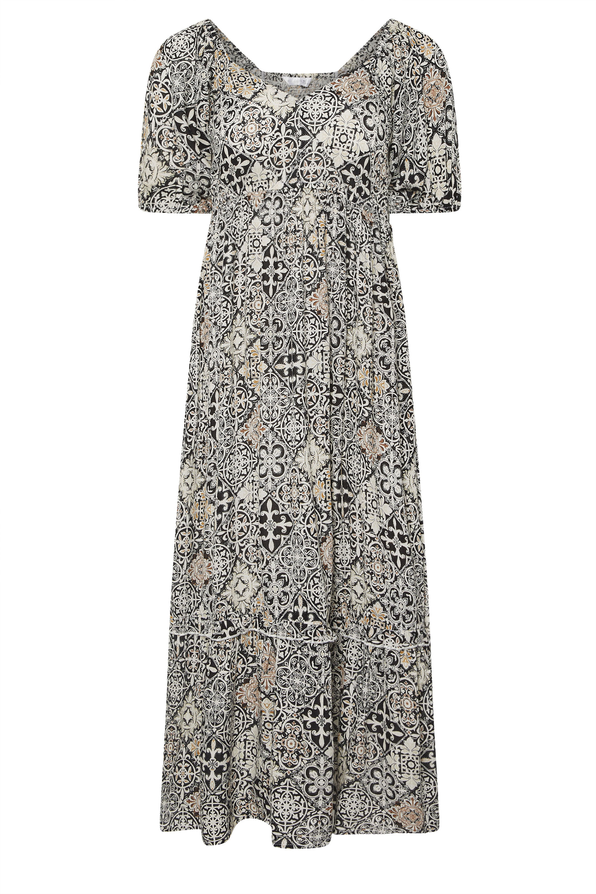 PixieGirl Petite Women's Black Tile Print Puff Sleeve Maxi Dress | PixieGirl 5