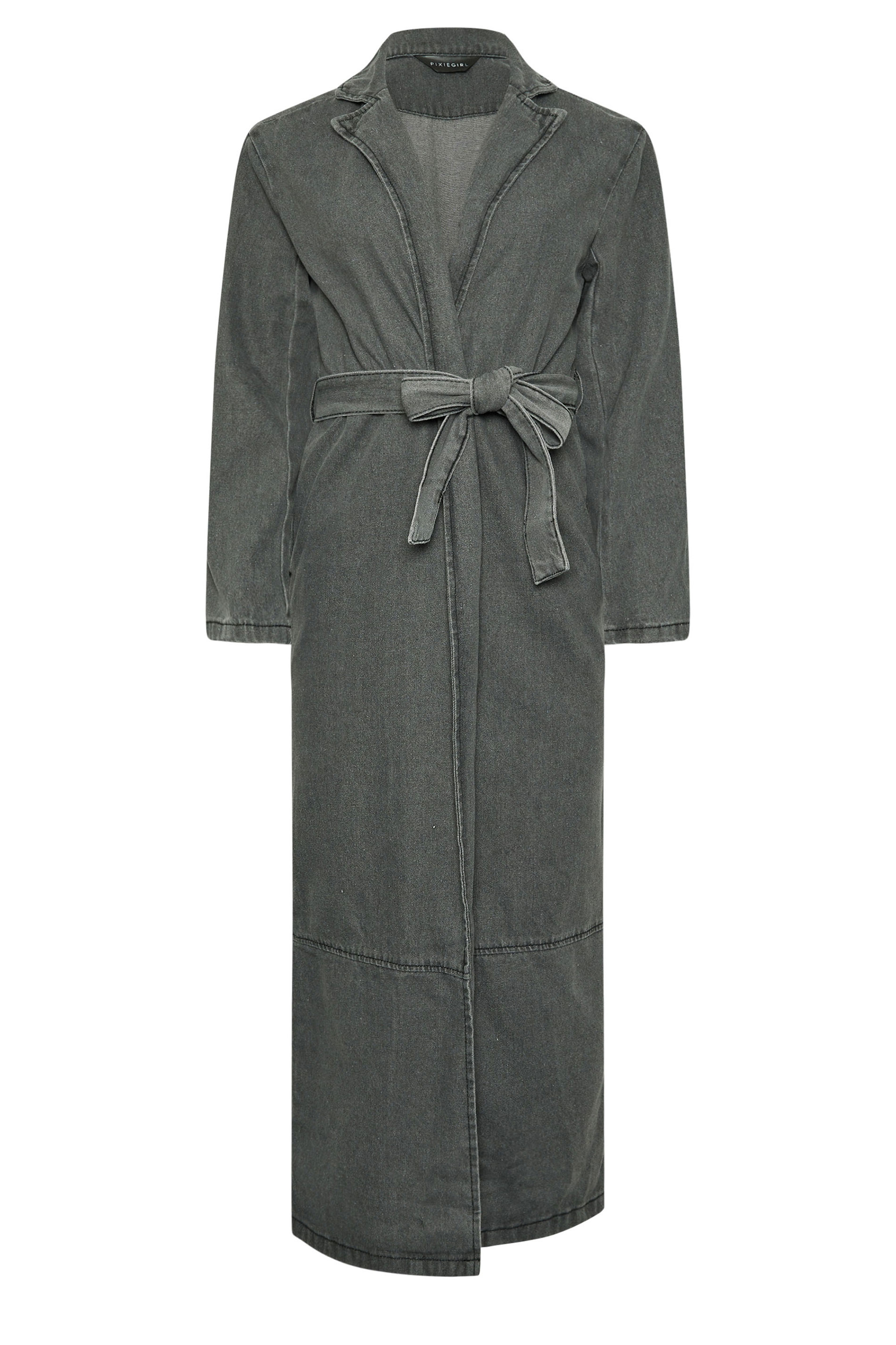 PixieGirl Petite Women's Grey Wash Denim Longline Trench Coat | PixieGirl 6