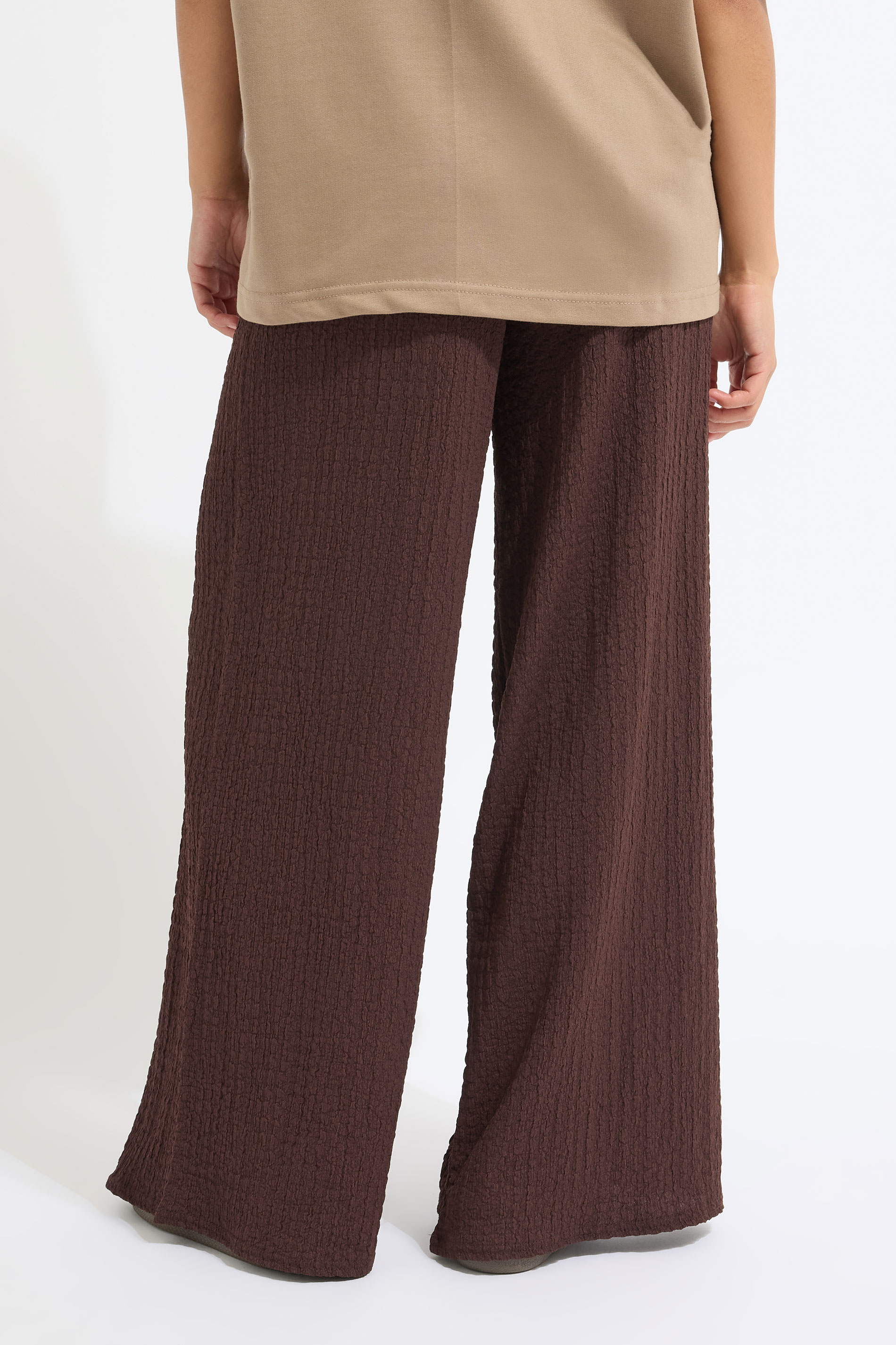 PixieGirl Petite Women's Brown Bubble Textured Wide Leg Trousers | PixieGirl 3