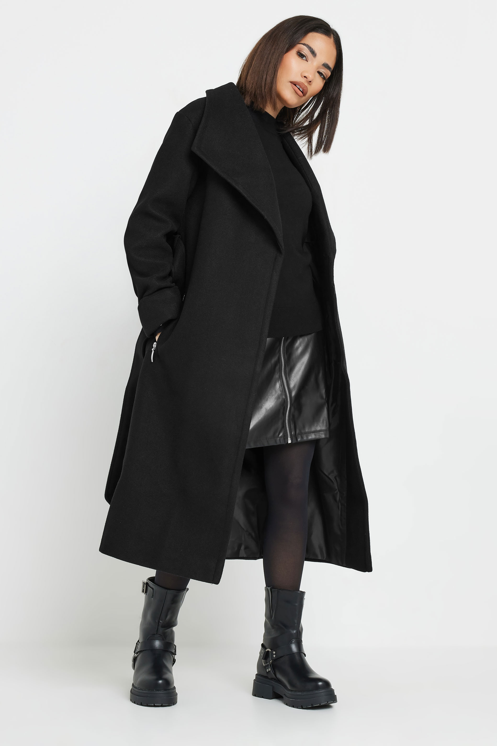 PixieGirl Petite Women's Black Belted Wrap Coat | PixieGirl 2