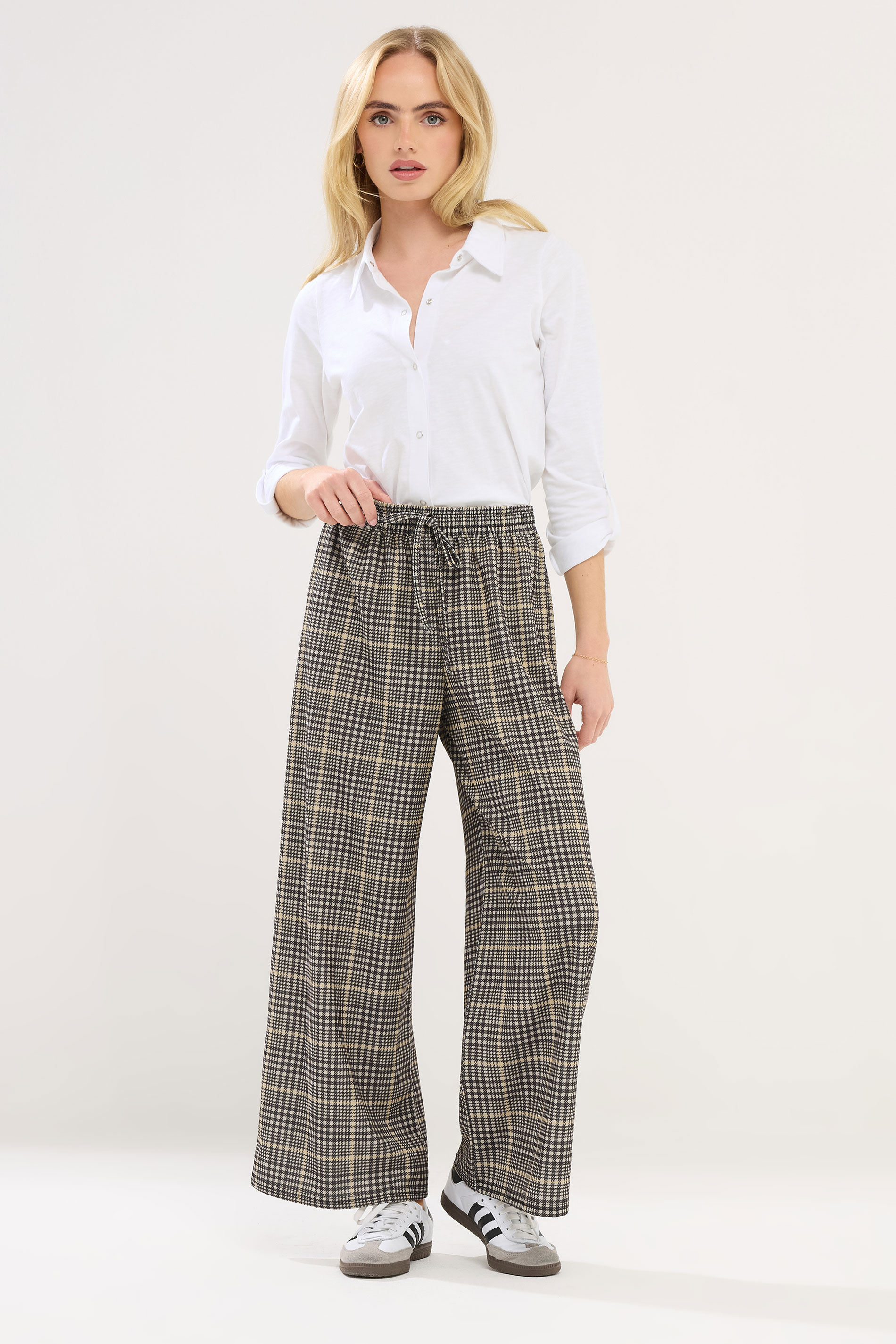 PixieGirl Petite Womens Brown Check Wide Leg Scuba Trousers | Pixiegirl 1