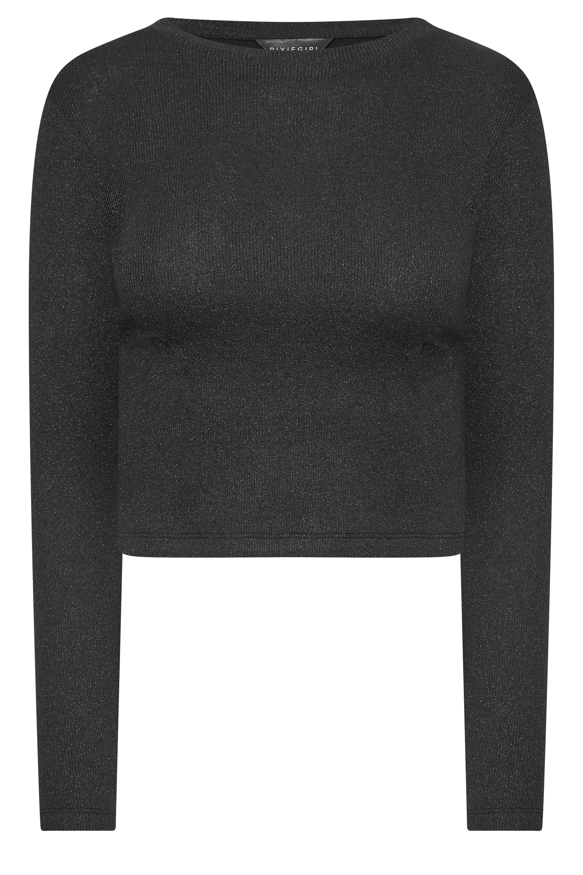 PixieGirl Petite Womens Black Metallic Ribbed Long Sleeve Top | PixieGirl 7