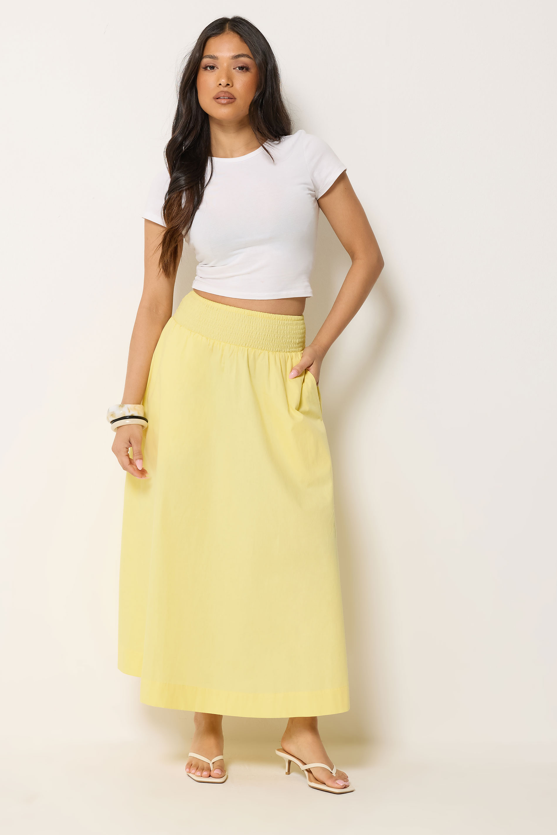 Pixiegirl Women's Yellow Petite Poplin Shirred Cotton Maxi Skirt Size 14