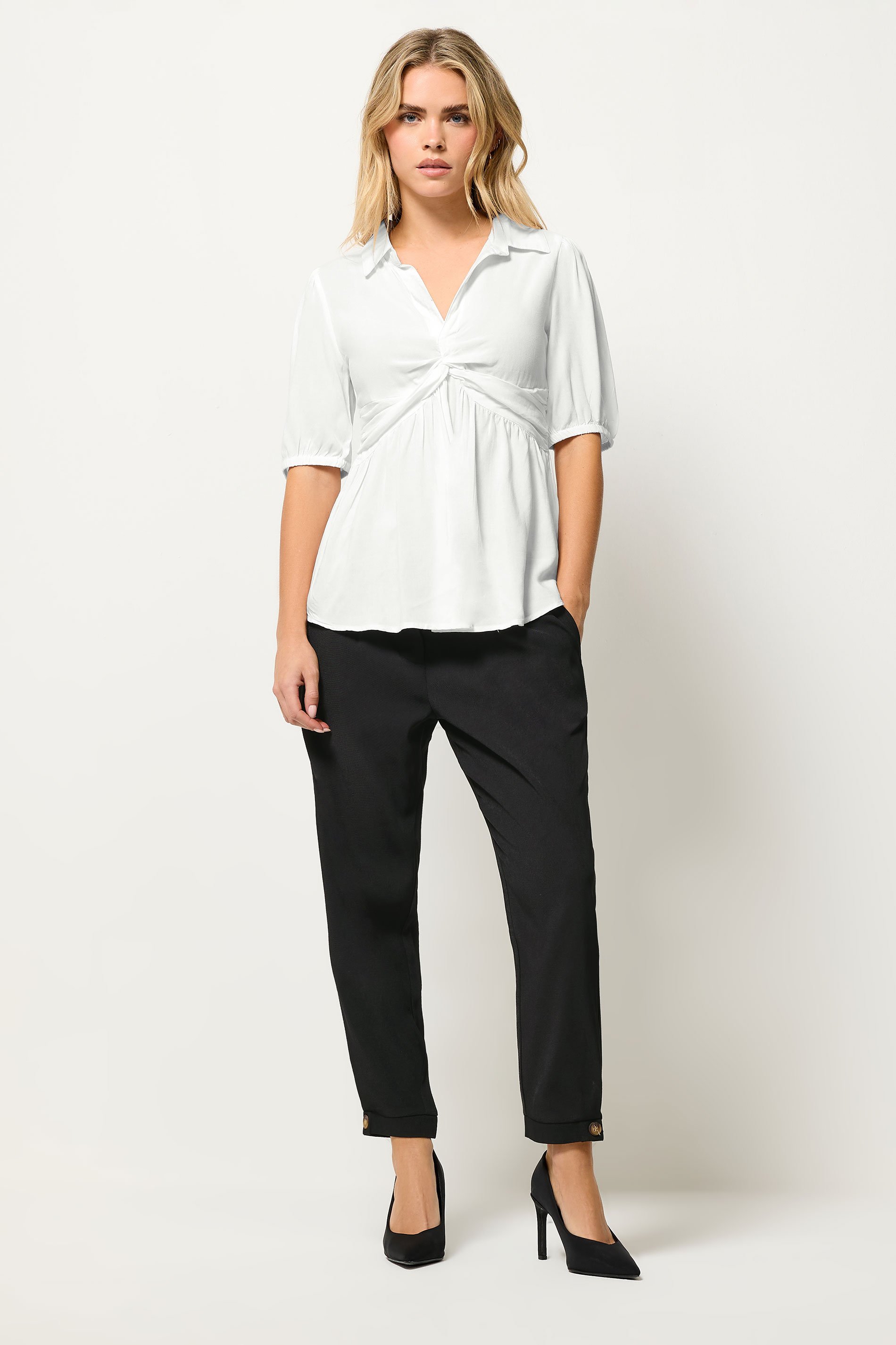 PixieGirl Petite Women's White Woven Twist Front Top | PixieGirl 2