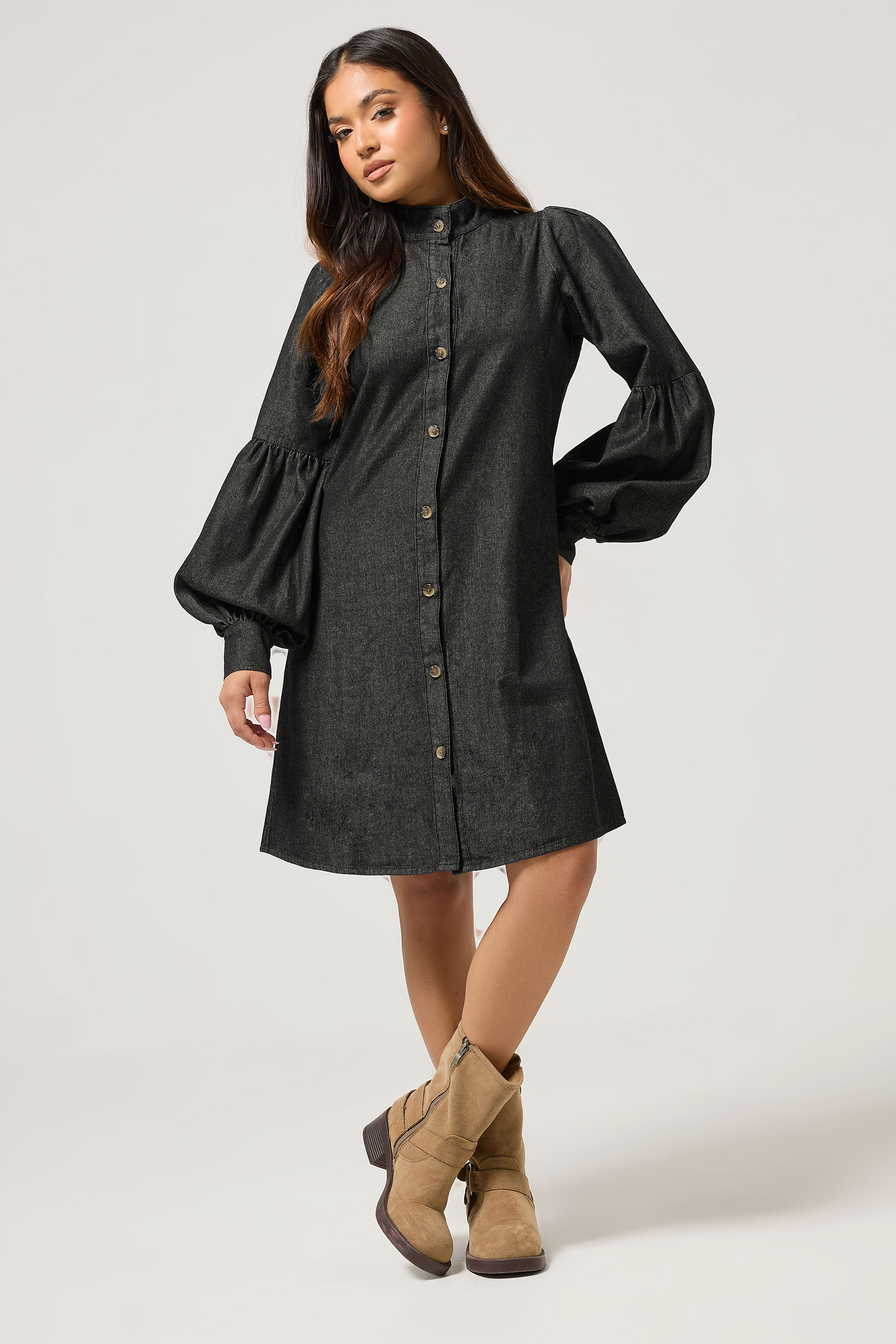 PixieGirl Petite Women's Black Denim Balloon Sleeve Shirt Dress | PixieGirl 2