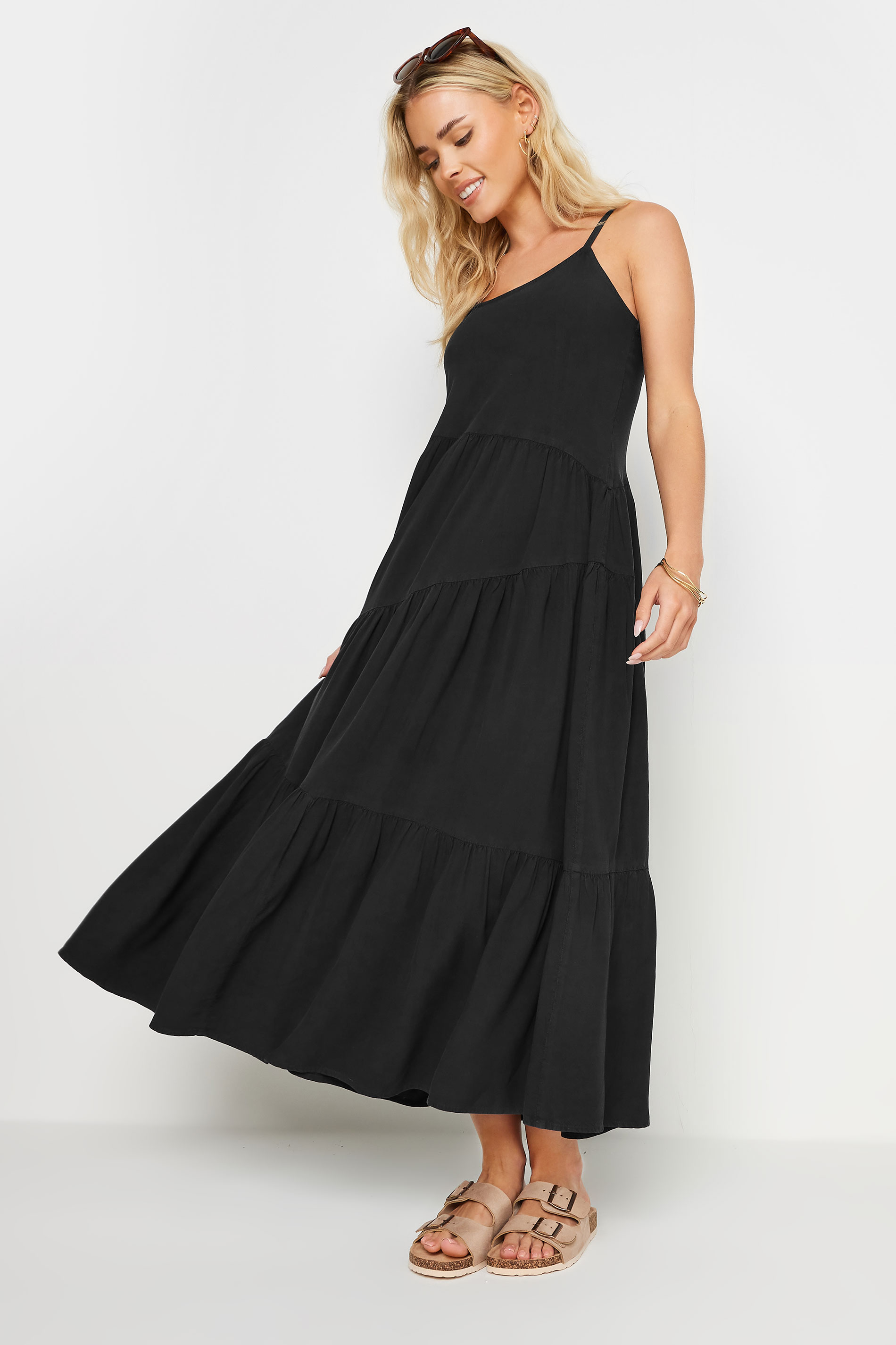 PixieGirl Petite Women's Black Asymmetric Tiered Maxi Dress | PixieGirl 3