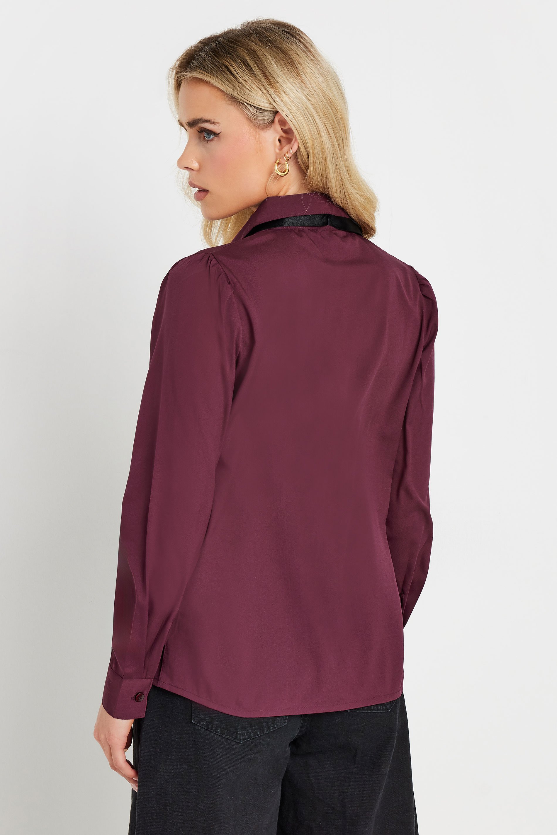 PixieGirl Petite Women's Burgundy Red Lace Trim Tie Neck Shirt | PixieGirl 3