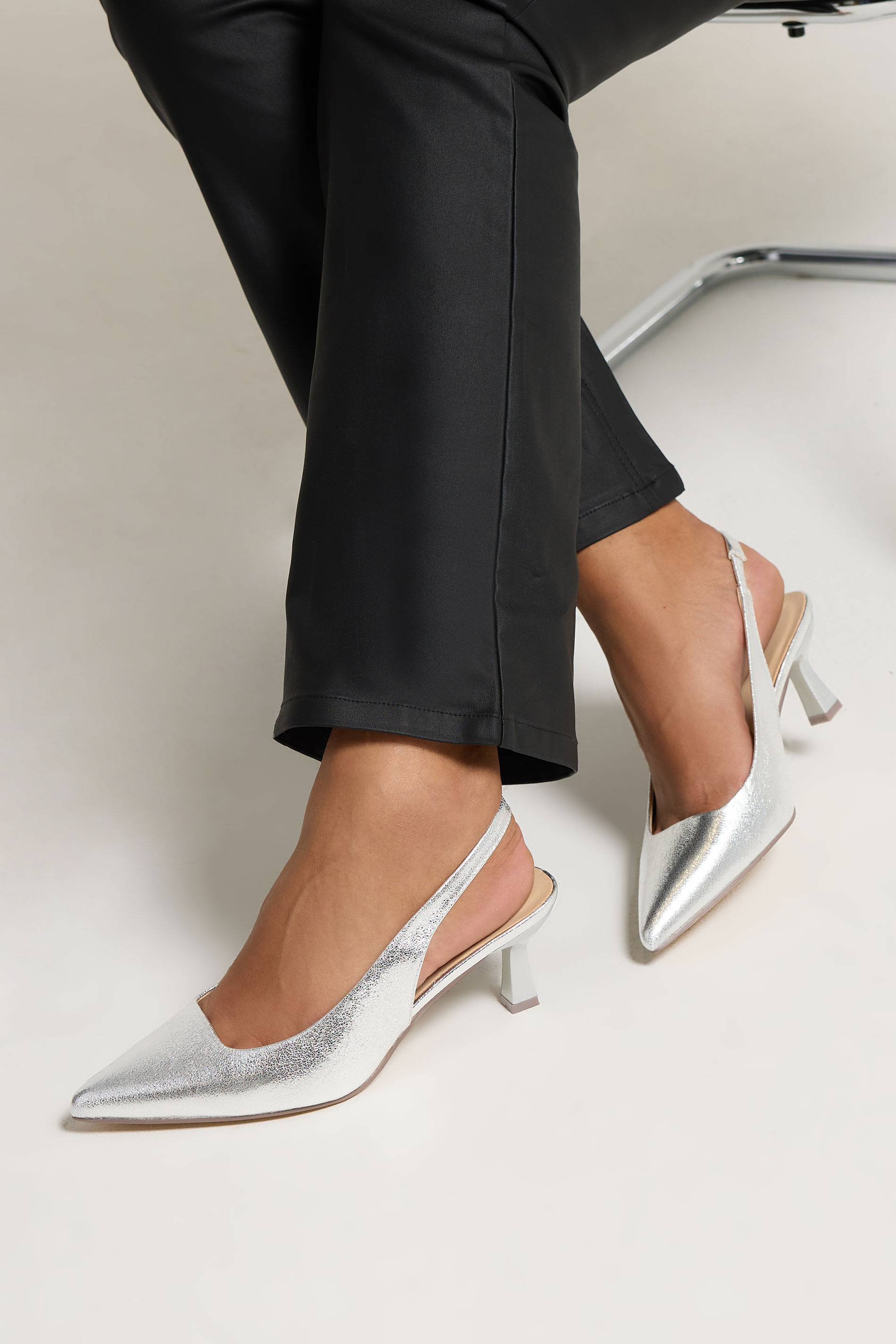 Silver Faux Leather Slingback Kitten Heels In Extra Wide EEE Fit | Yours Clothing 1