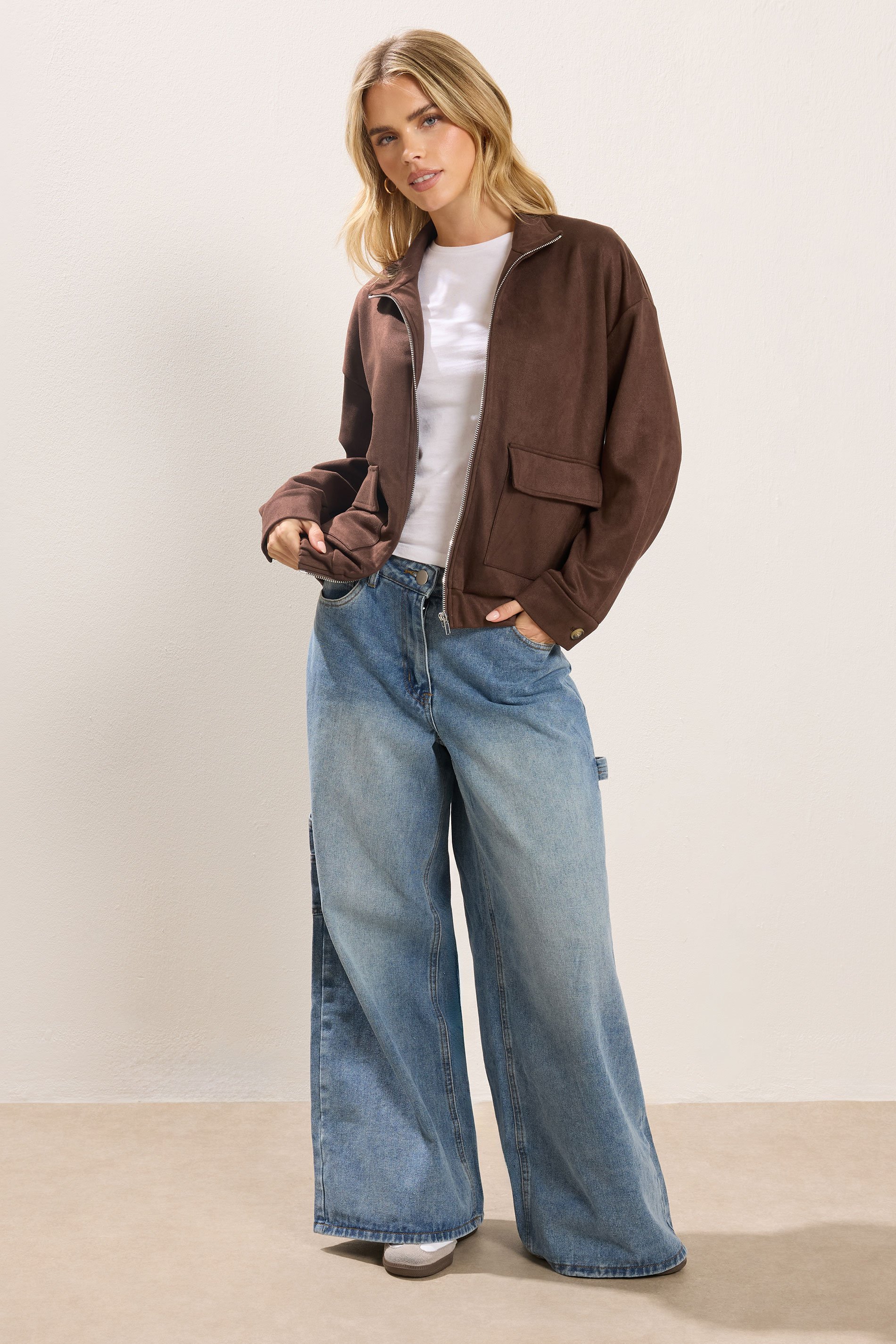 PixieGirl Petite Women's Chocolate Brown Faux Suede Bomber Jacket | PixieGirl 2