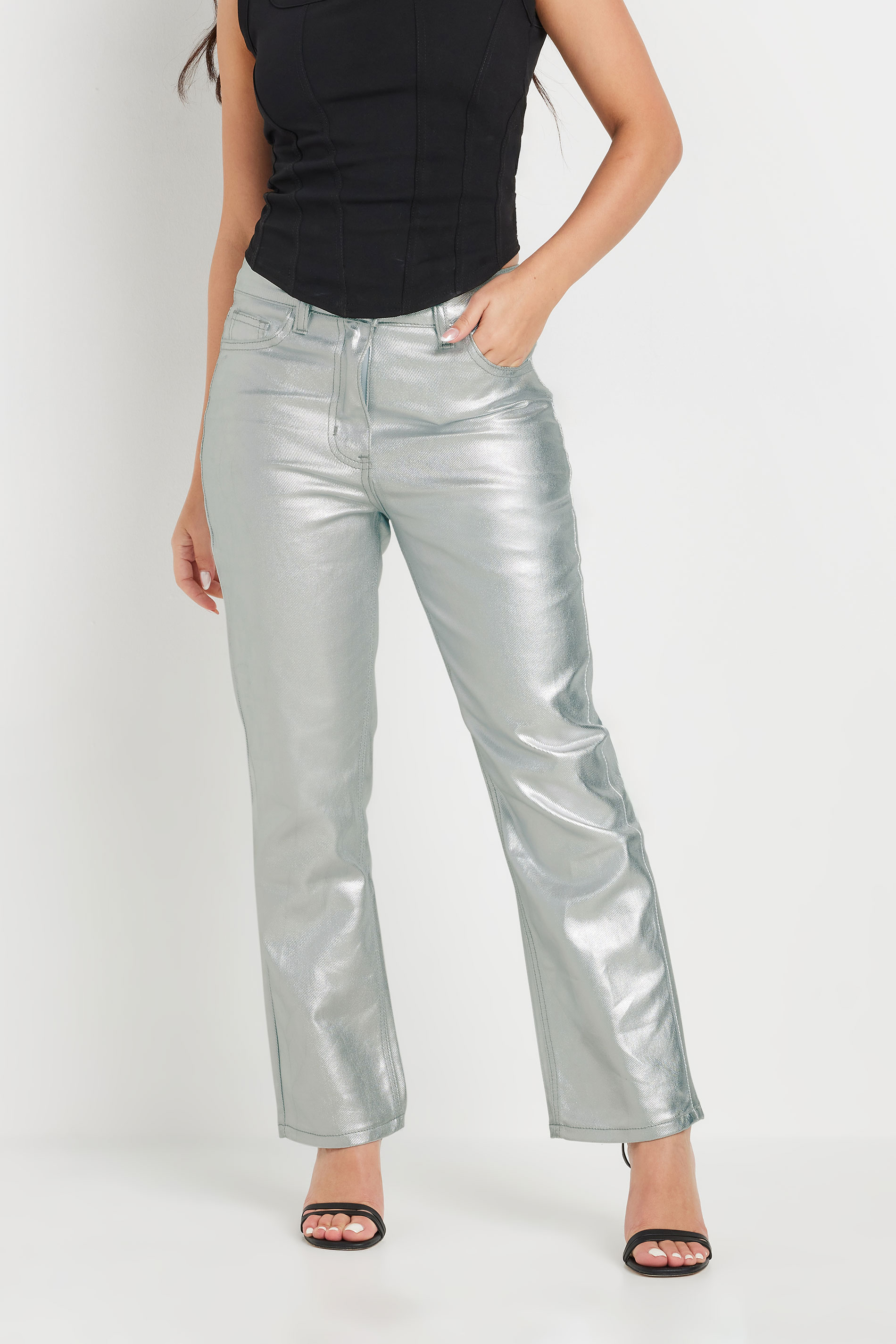 PixieGirl Petite Women's Silver Non-Stretch Metallic Straight Leg Jeans | PixieGirl 3