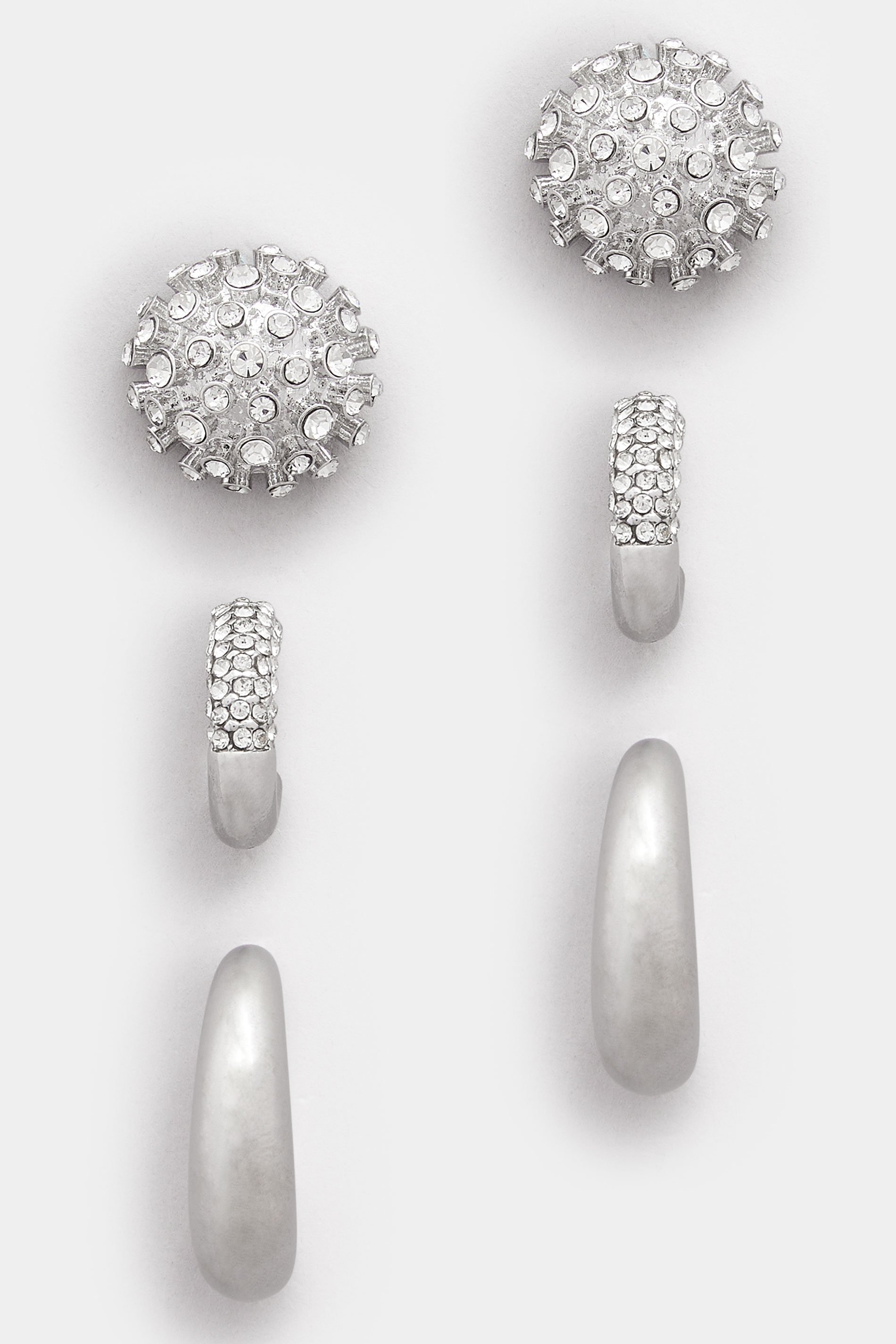 3 PACK Silver Tone Mixed Stud & Hoop Earring Set | Yours Clothing 3