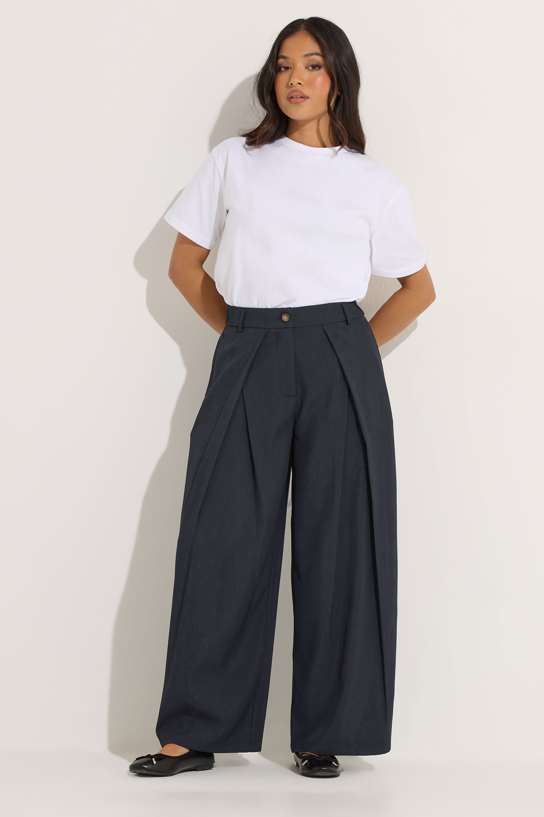 Pixiegirl Women's Blue Petite Navy Wrap Pleated Wide Leg Trousers Size Petite > 10