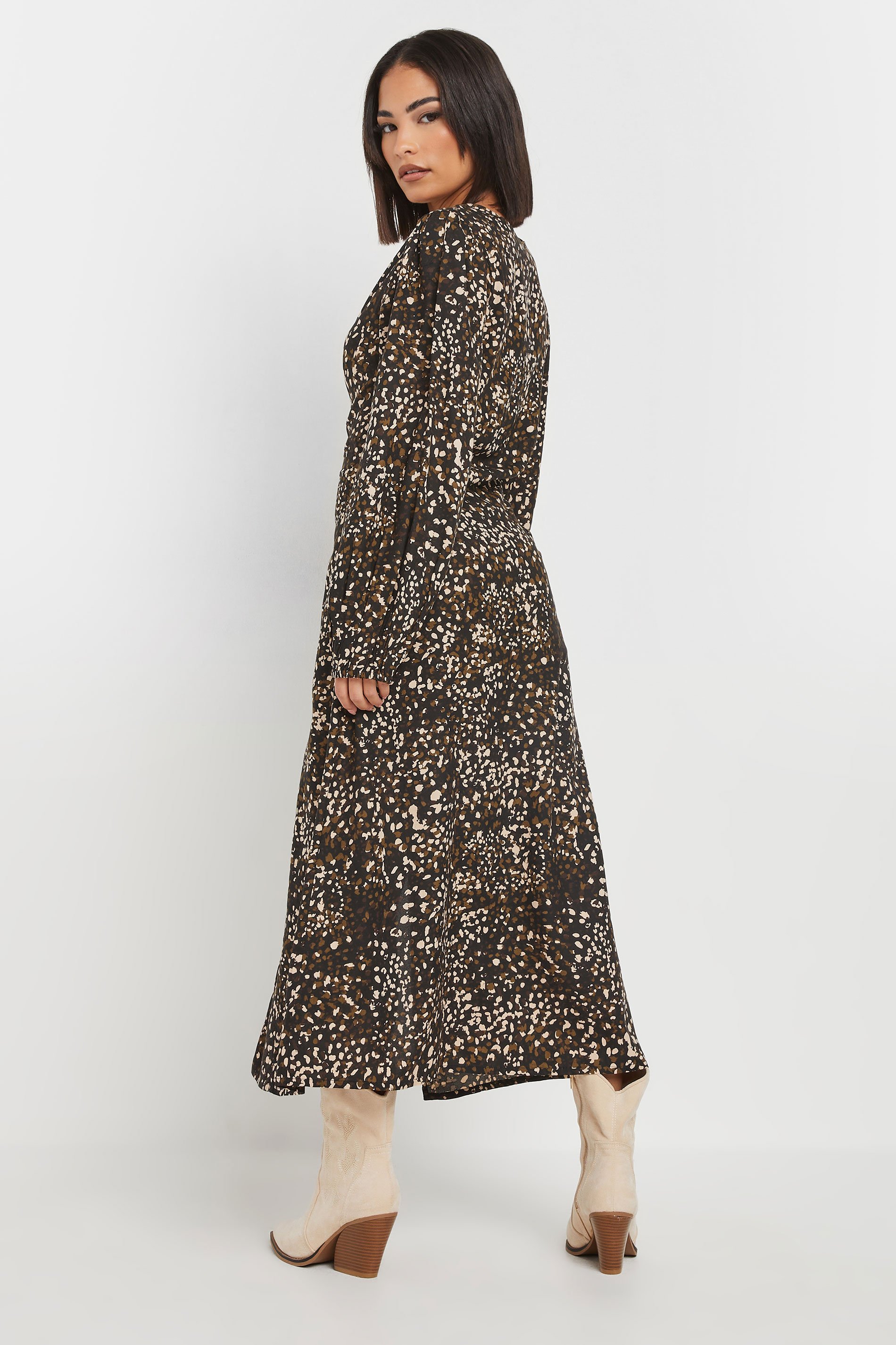 PixieGirl Petite Women's Brown Abstract Spot Midi Tea Dress | PixieGirl 3