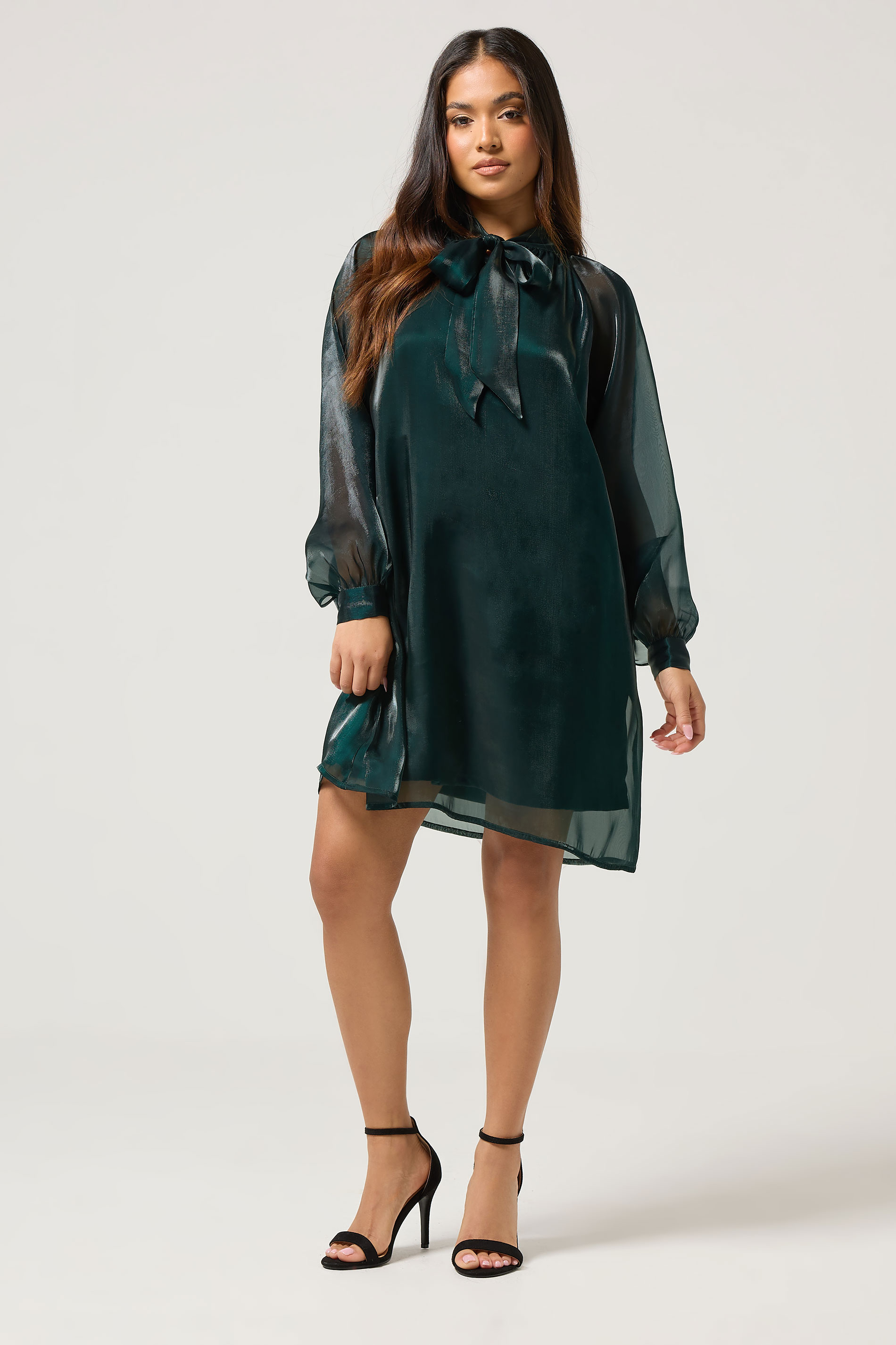 PixieGirl Petite Women's Dark Green Organza Tie Neck Dress | PixieGirl 3