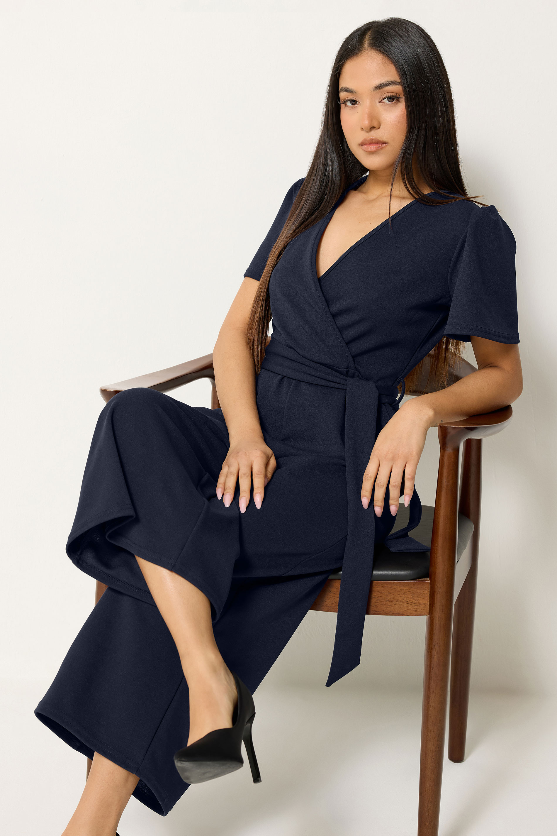 M&Co Petite Navy Blue Cropped Tie Waist Jumpsuit | M&Co 1