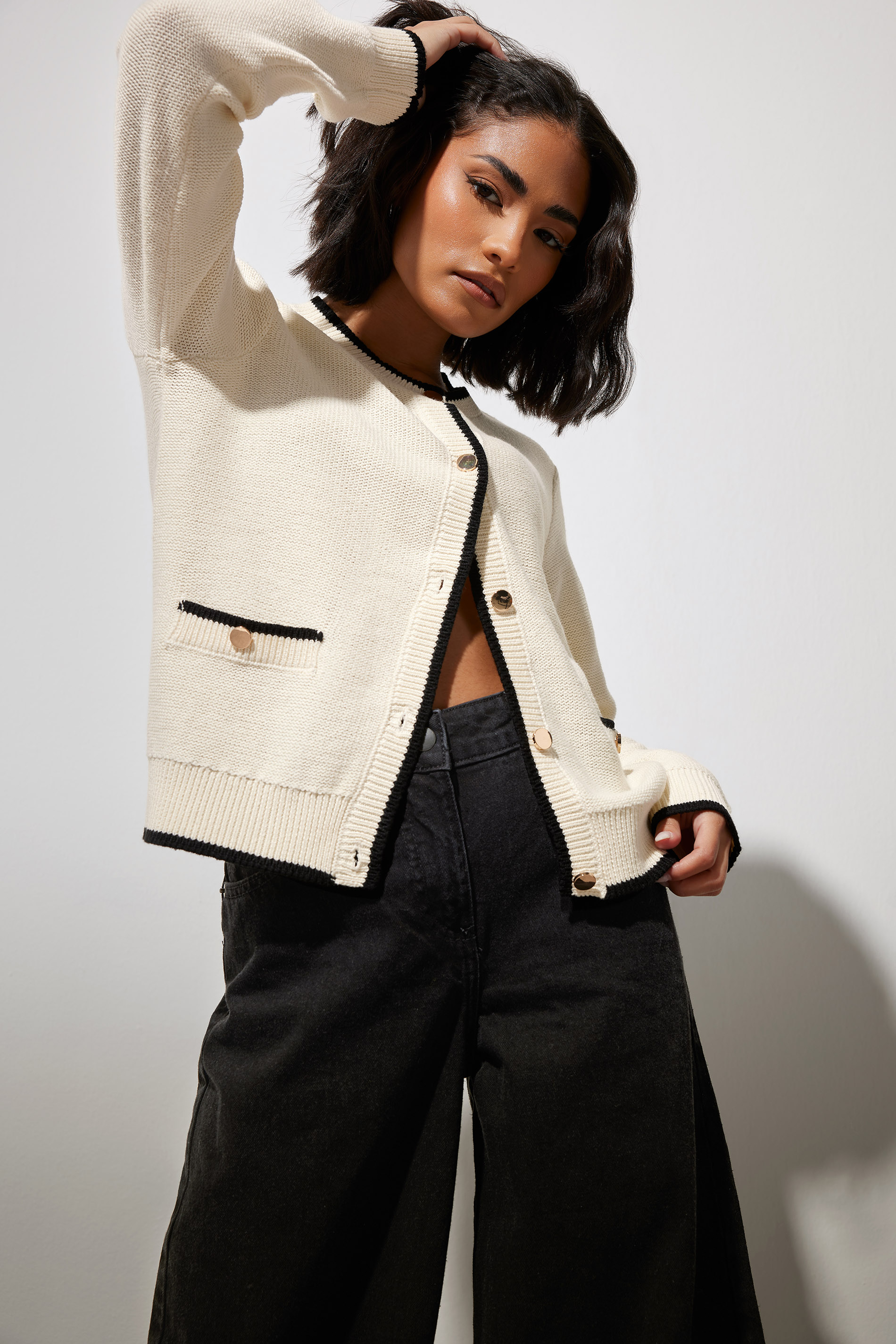 PixieGirl Petite Women's Cream Knitted Contrast Trim Button Cardigan | PixieGirl 1