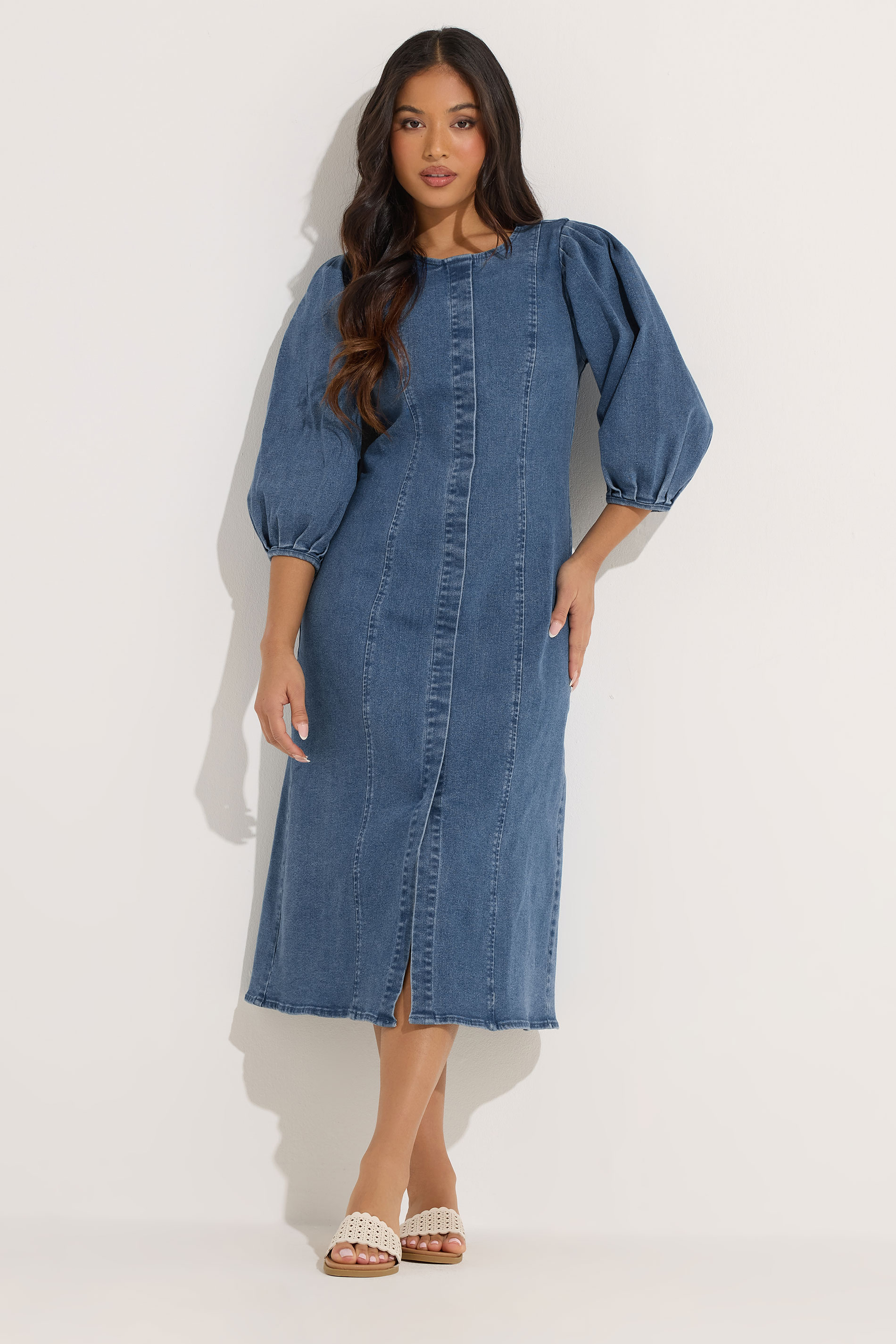 PixieGirl Petite Women's Mid Blue Puff Sleeve Cotton Midi Dress | PixieGirl 1