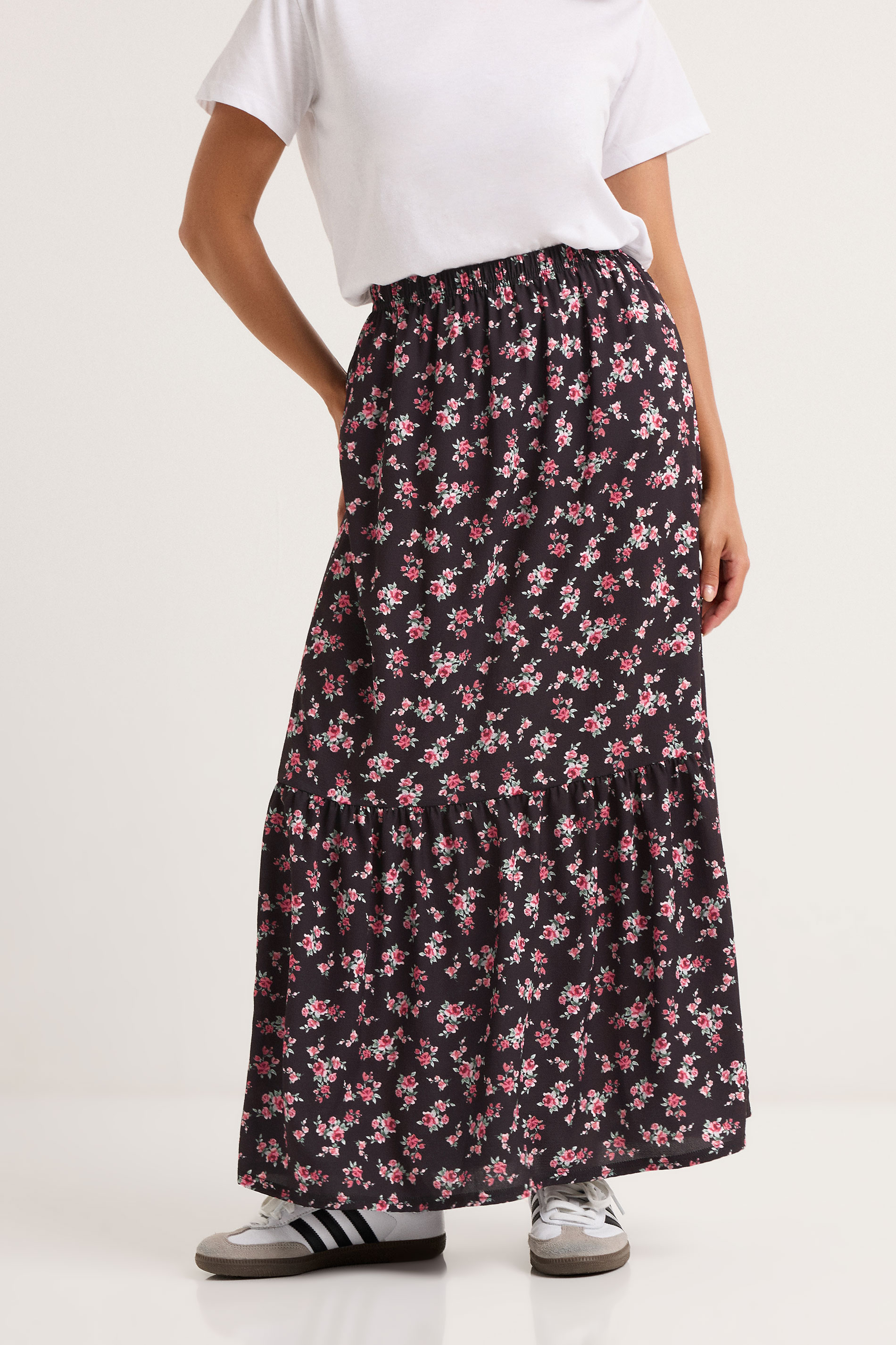 PixieGirl Petite Women's Black Ditsy Floral Tiered Maxi Skirt | PixieGirl 2