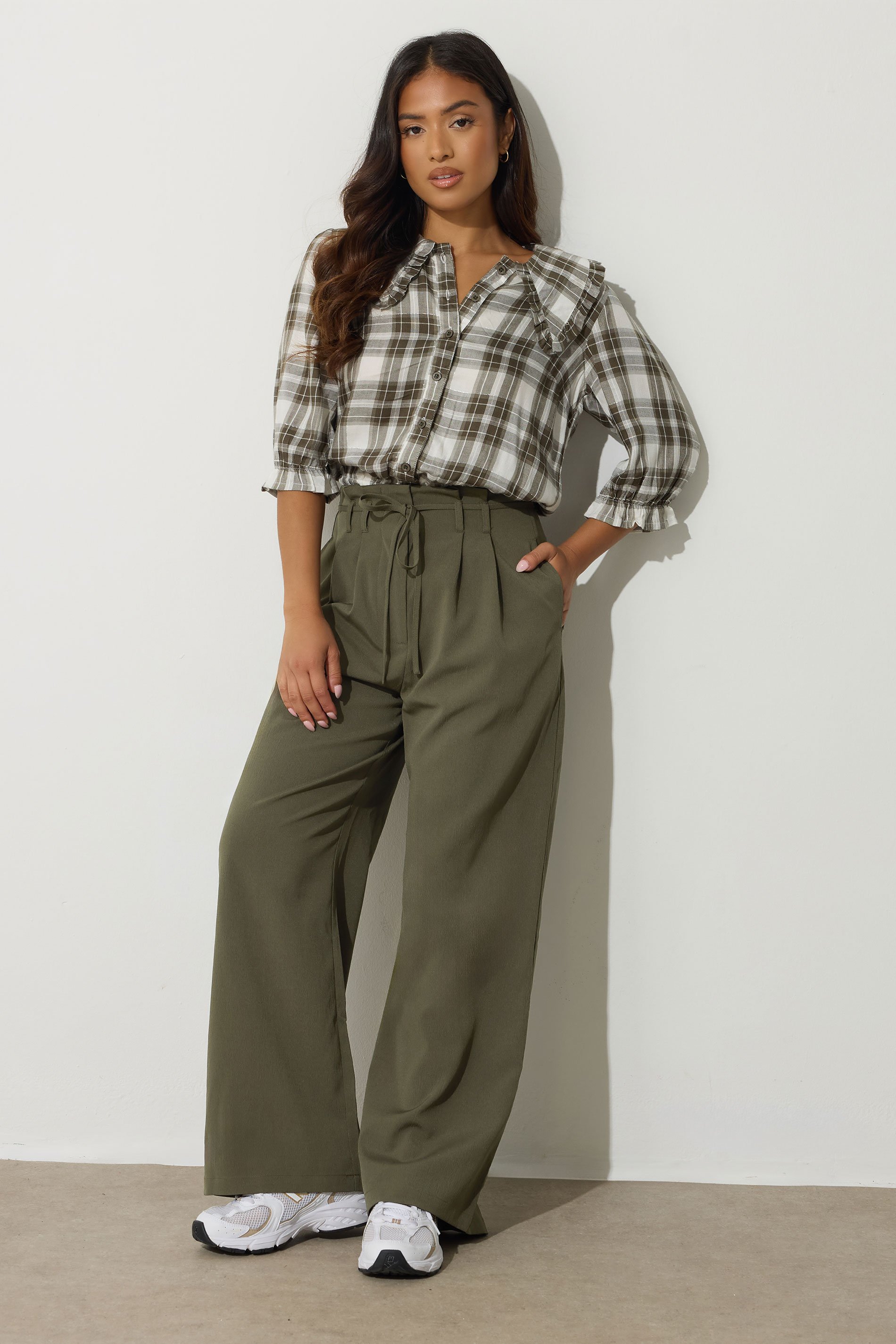 PixieGirl Petite Womens Green Tie Wide Leg Trousers | PixieGirl 2