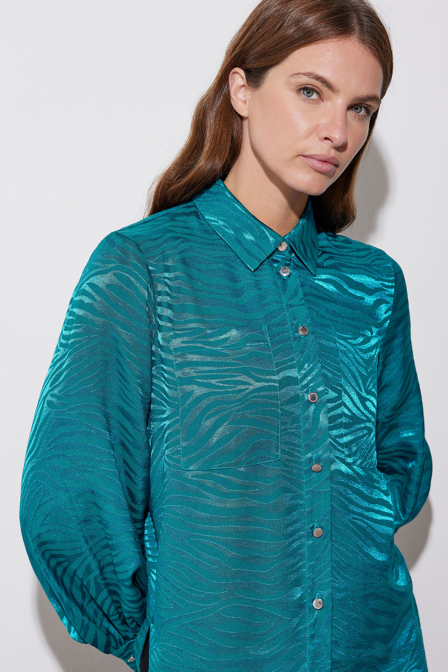 STAR Teal Blue Animal Print Satin Jacquard Shirt | StarByJM 1
