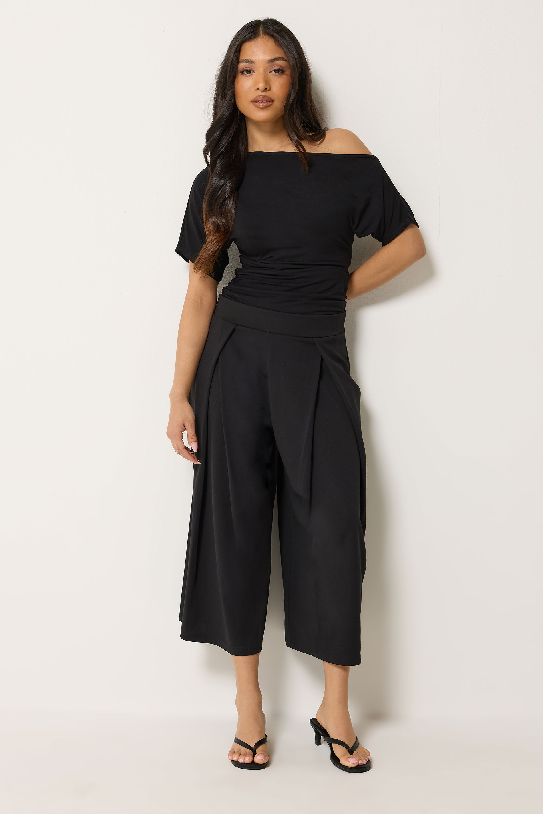 Pixiegirl Women's Black Petite Pleated Cropped Wide Leg Trousers Size 18