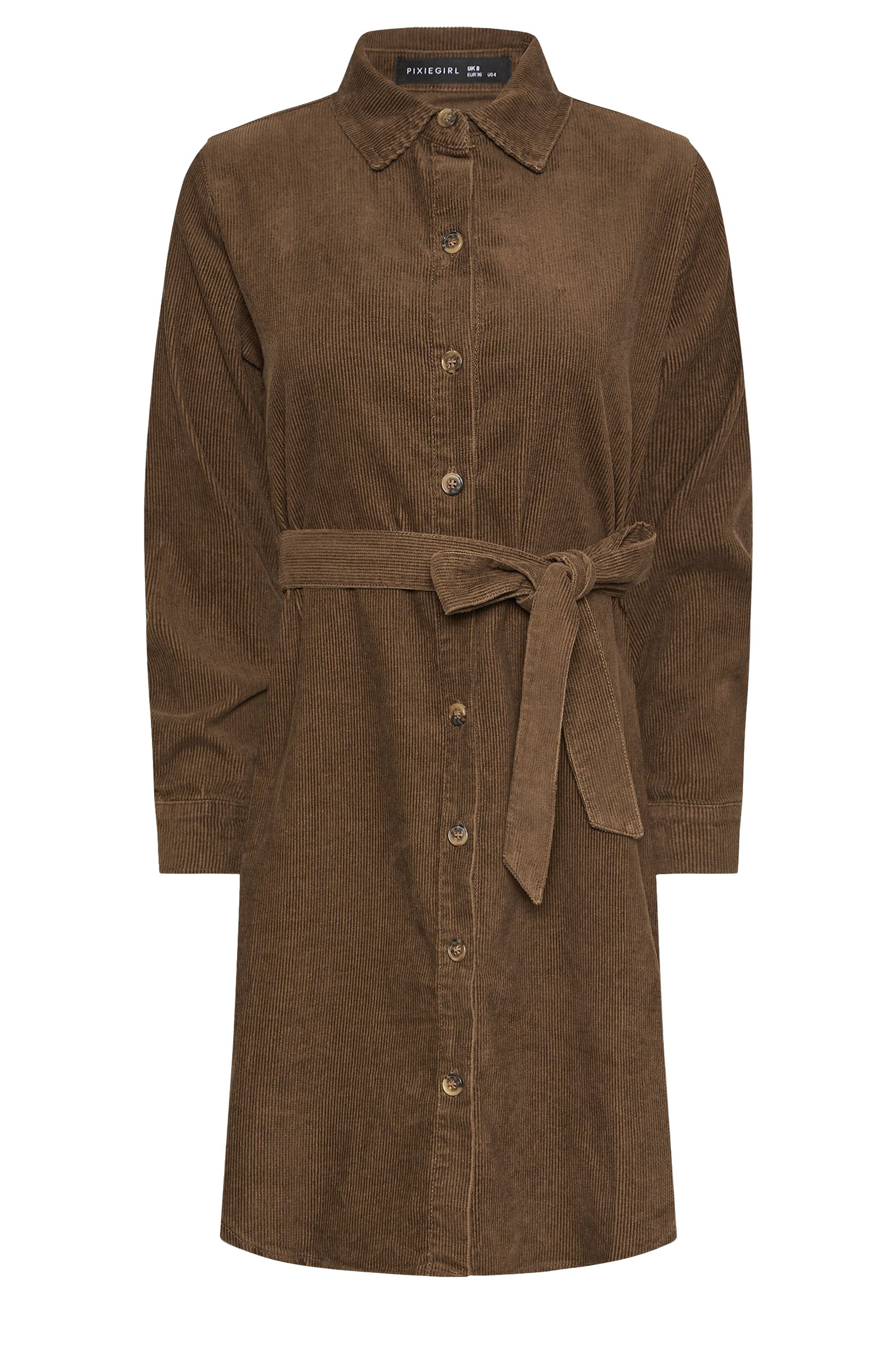 PixieGirl Petite Women's Chocolate Brown Cord Belted Midi Dress | PixieGirl 5