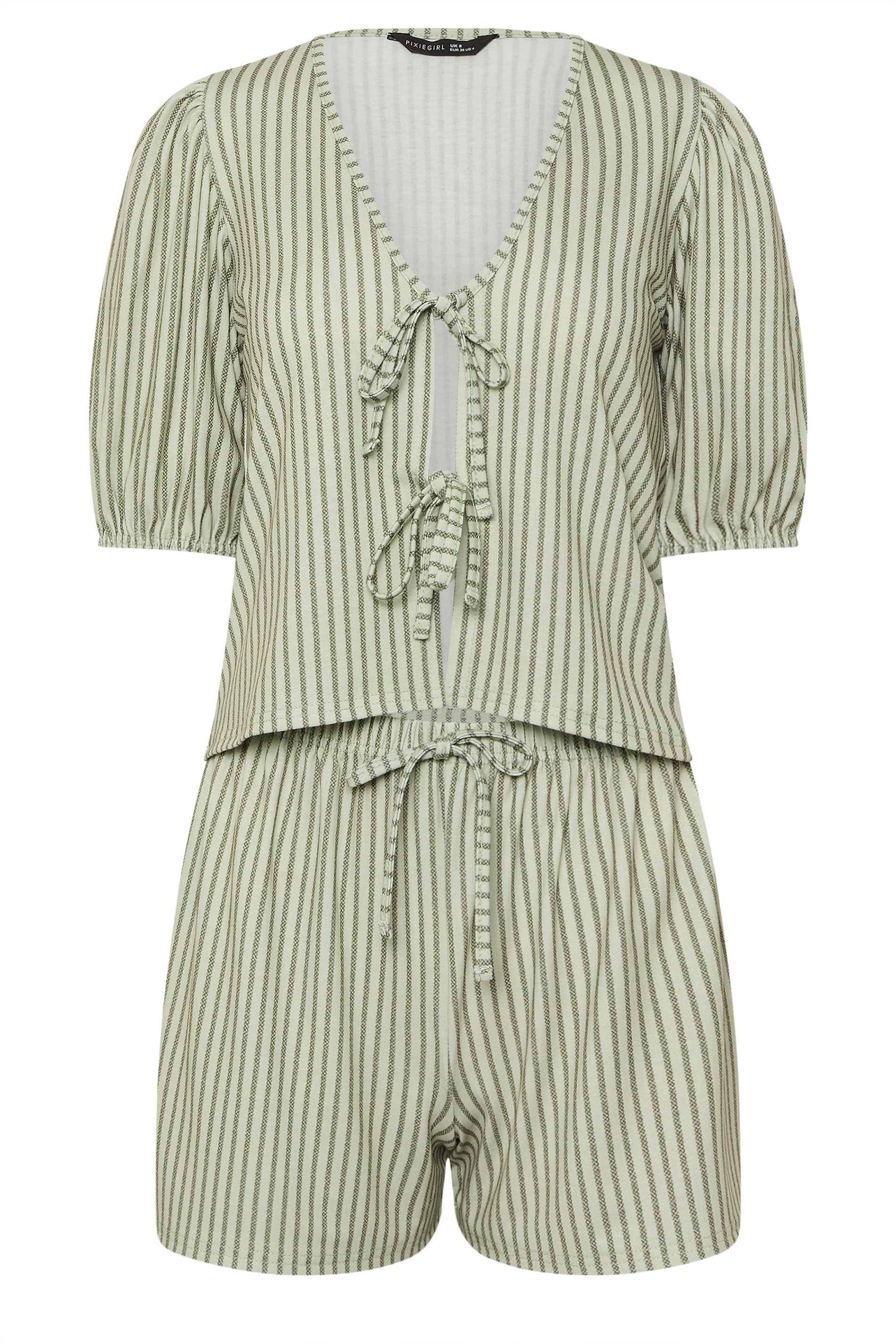 PixieGirl Petite Women's Sage Green Stripe Tie Front Top & Shorts Set | PixieGirl 7