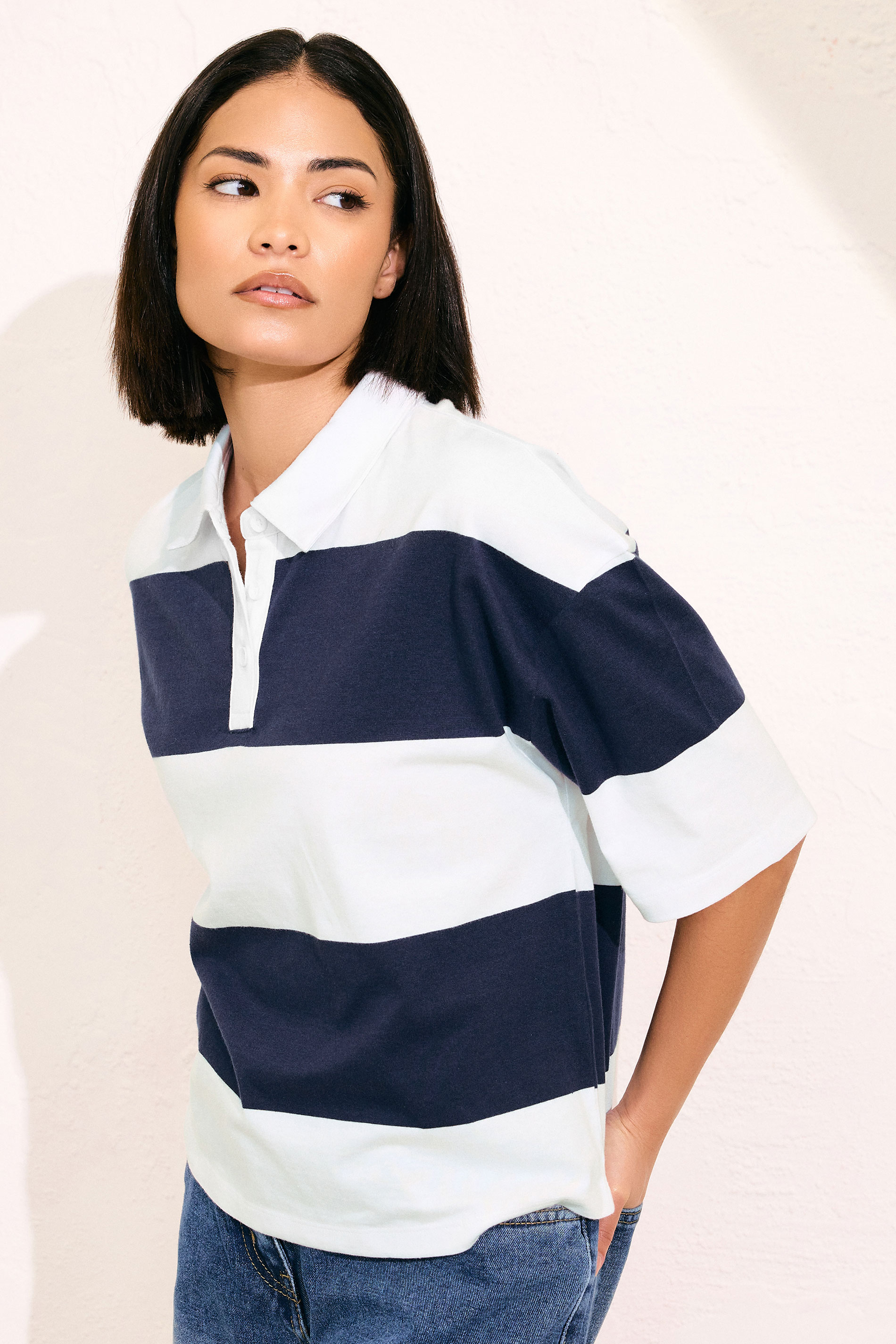 PixieGirl Petite Women's Navy Blue Cotton Striped Rugby Collar T-Shirt | PixieGirl 1