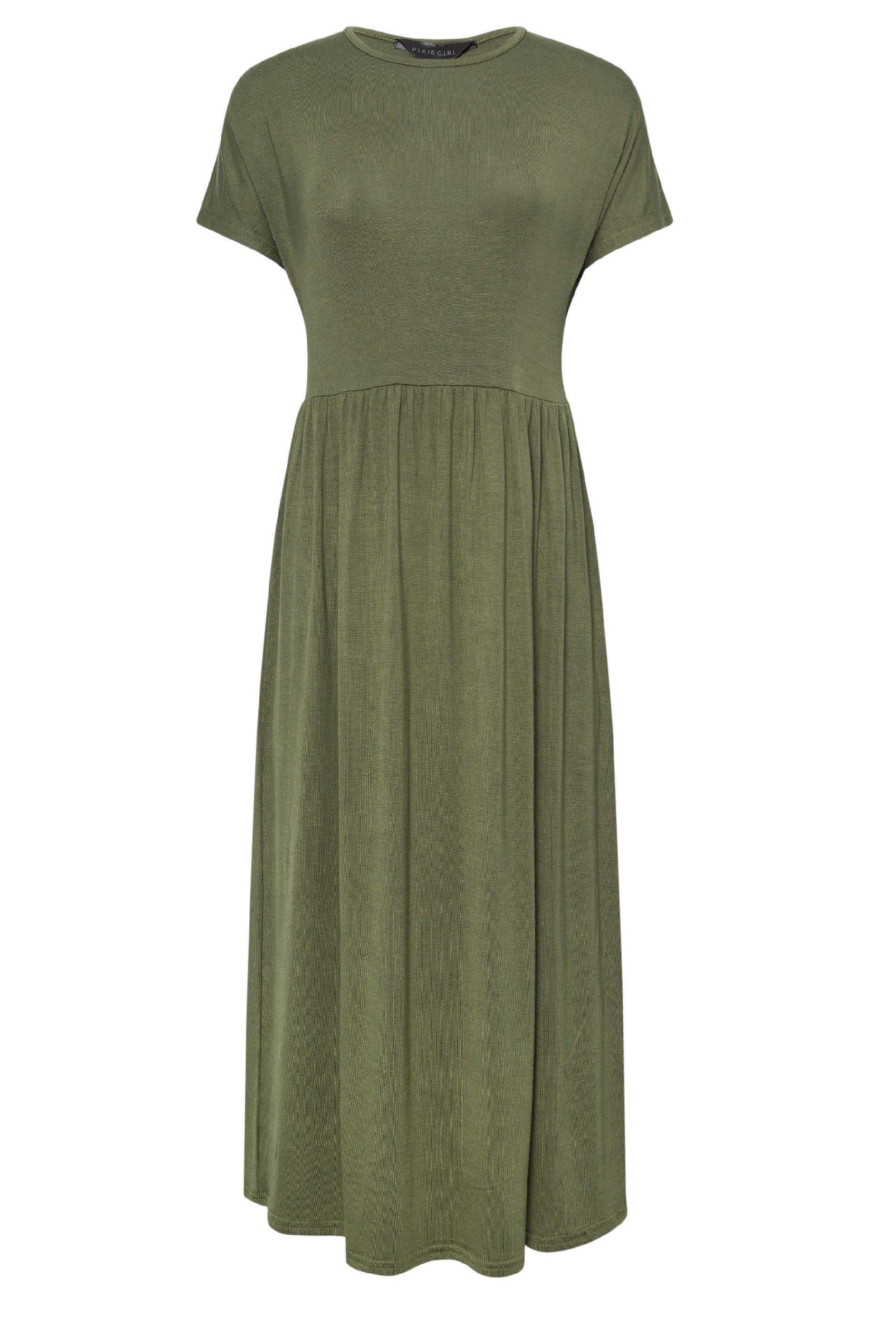 PixieGirl Petite Women's Khaki Green Midi Smock Dress | PixieGirl 5