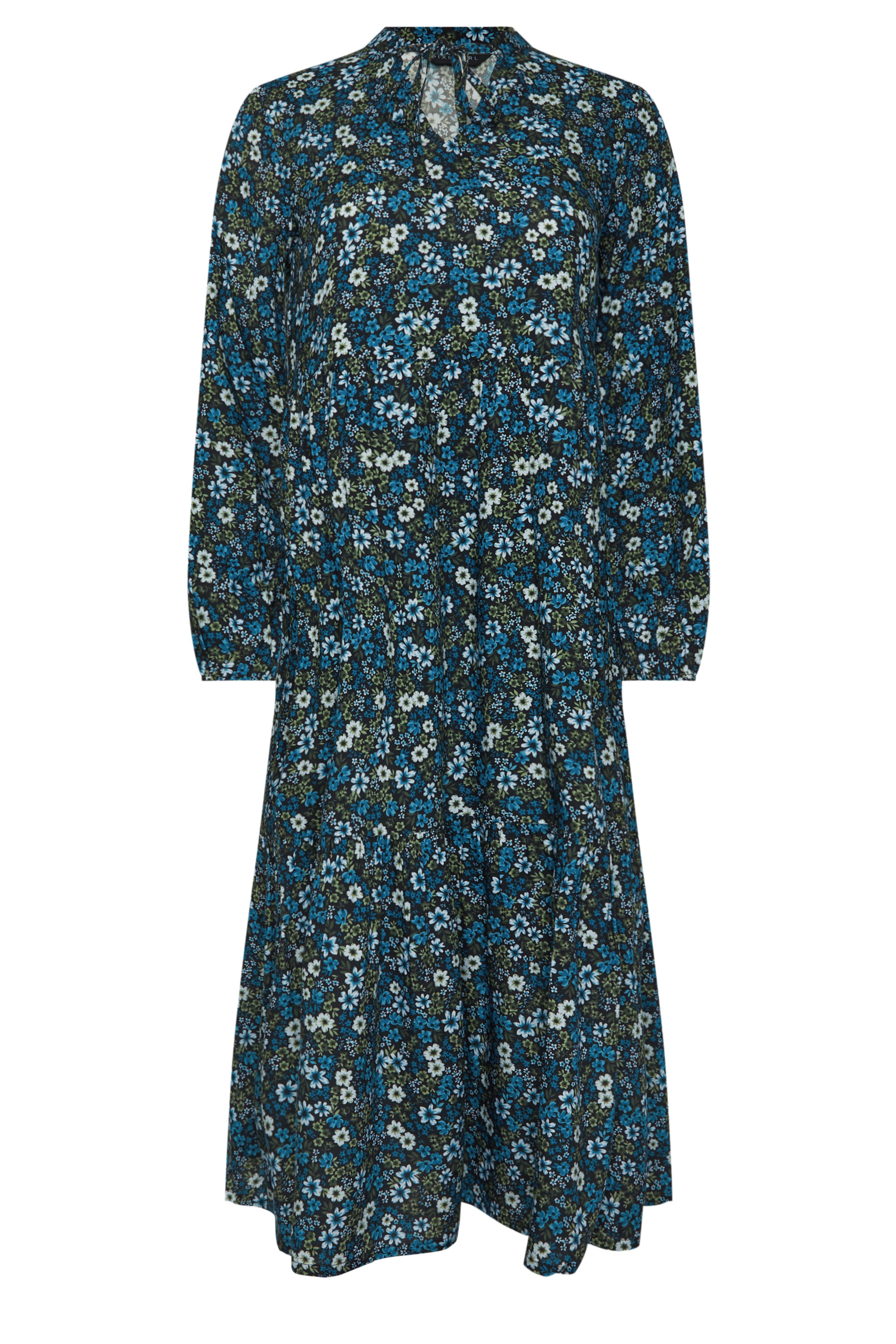 PixieGirl Petite Women's Blue Ditsy Floral Tie Neck Dress | PixieGirl 5