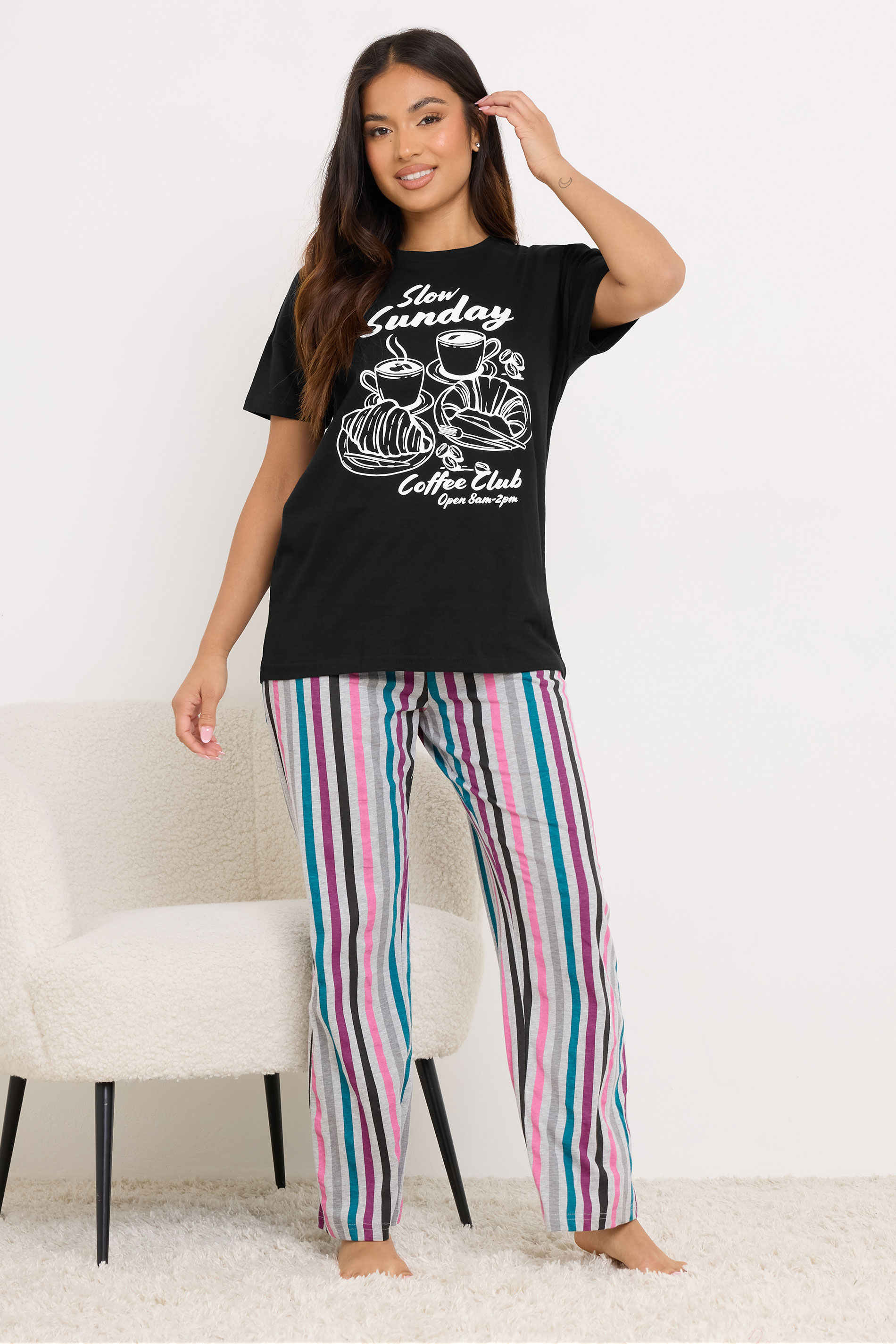 PixieGirl Petite Black Women's 'Slow Sunday Coffee Club' Slogan Pyjama Set | PixieGirl 2