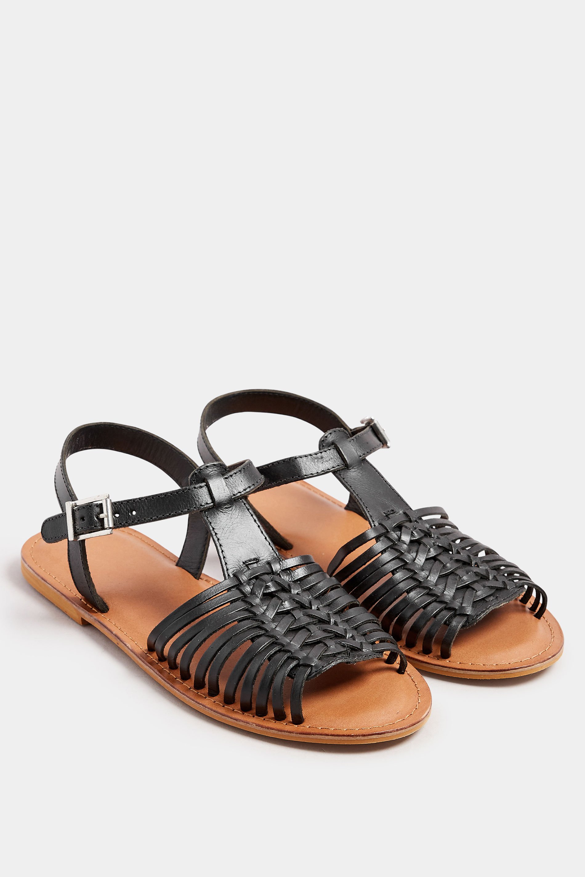 Black Leather Woven Fisherman Sandals In Extra Wide EEE Fit | Yours Clothing 3