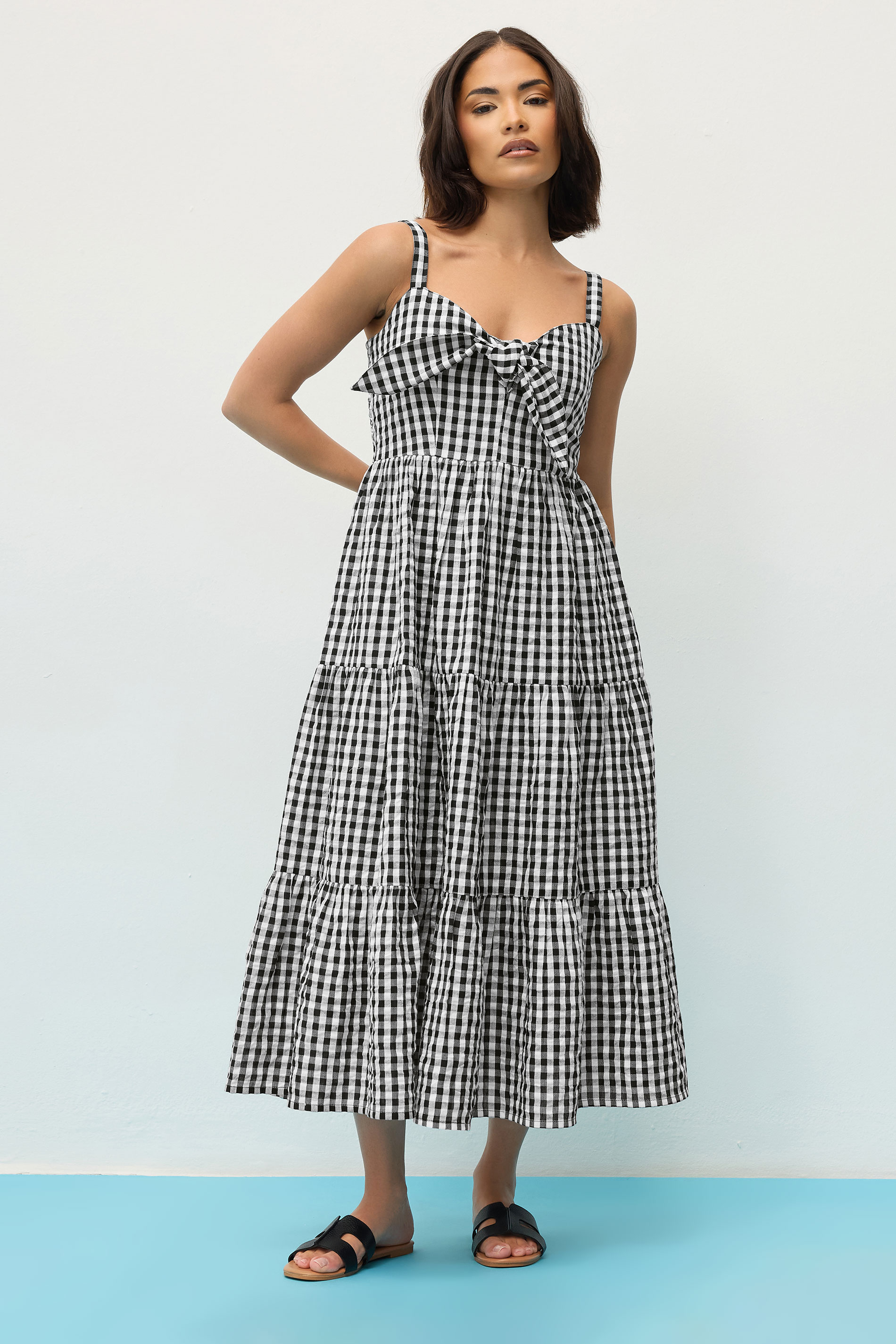 PixieGirl Petite Women's Black Gingham Tie Front Midaxi Dress | PixieGirl 2