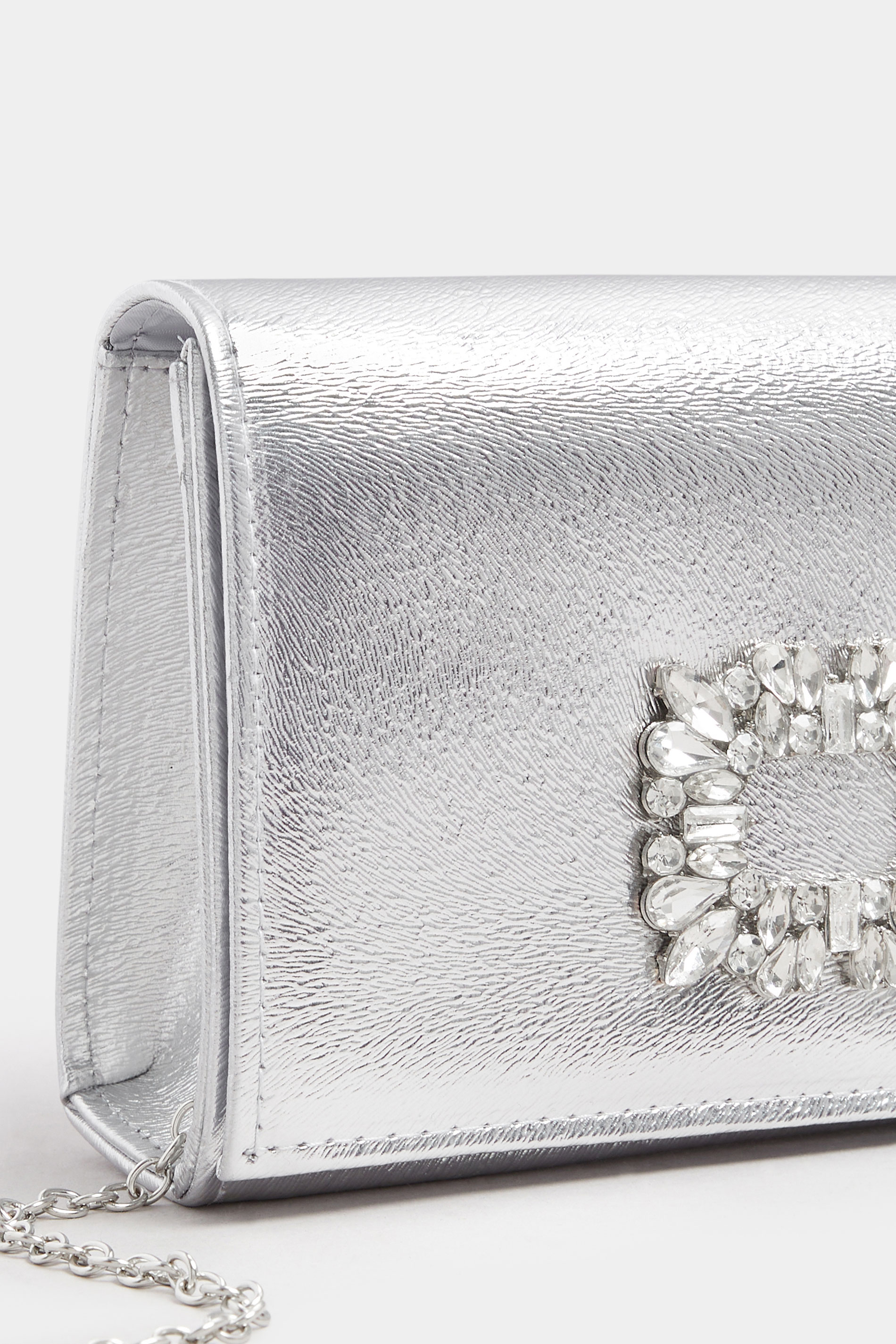 Silver Faux Leather Diamante Buckle Clutch Bag | Yours Clothing 5
