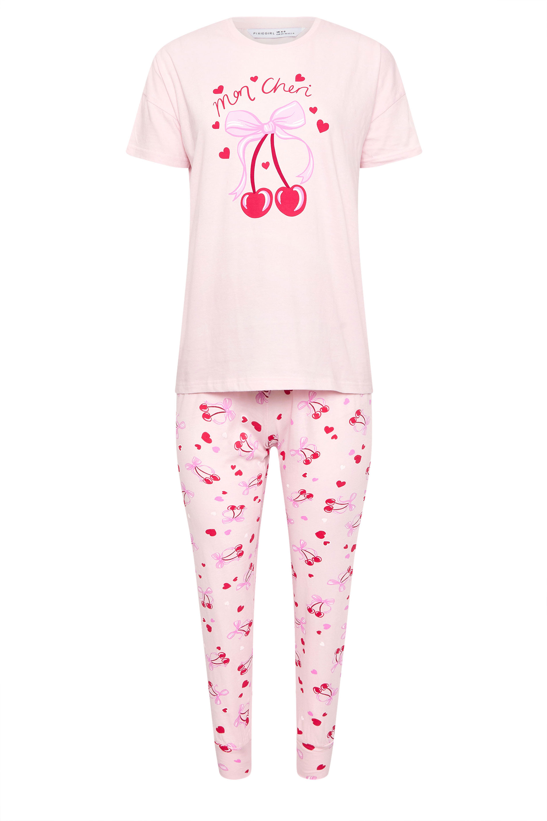 PixieGirl Petite Women's Pink 'Mon Cheri' Graphic Cuffed Pyjama Set | PixieGirl 5