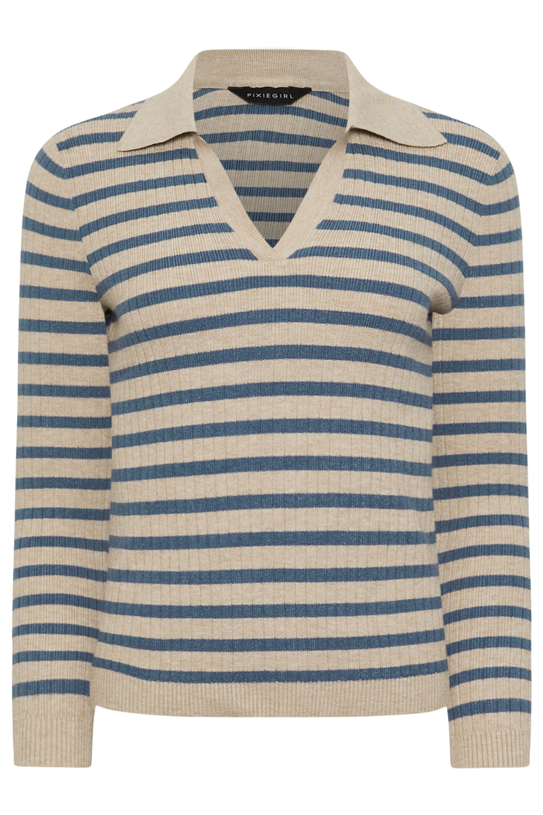 PixieGirl Petite Women's Beige Brown Knitted Stripe Collar Jumper | PixieGirl 5