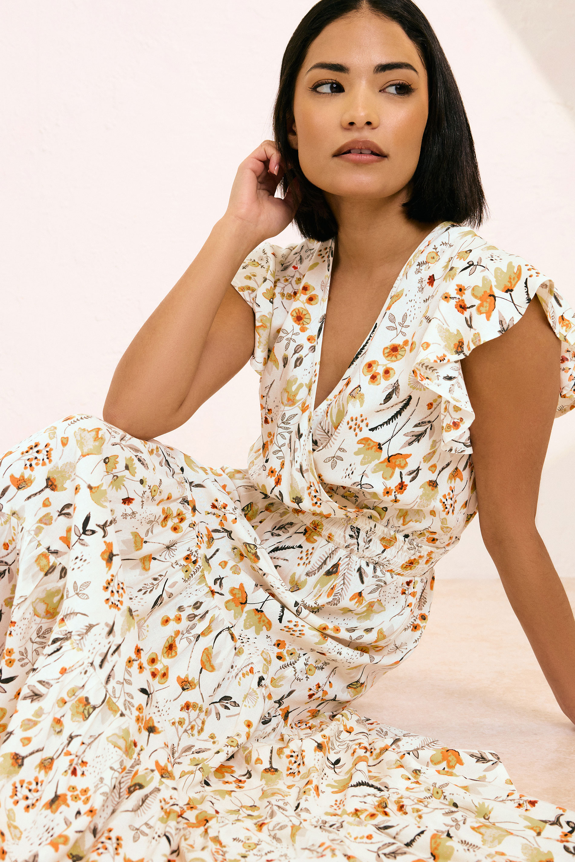 PixieGirl Petite Women's Cream Floral Print Flutter Midaxi Dress | PixieGirl 2