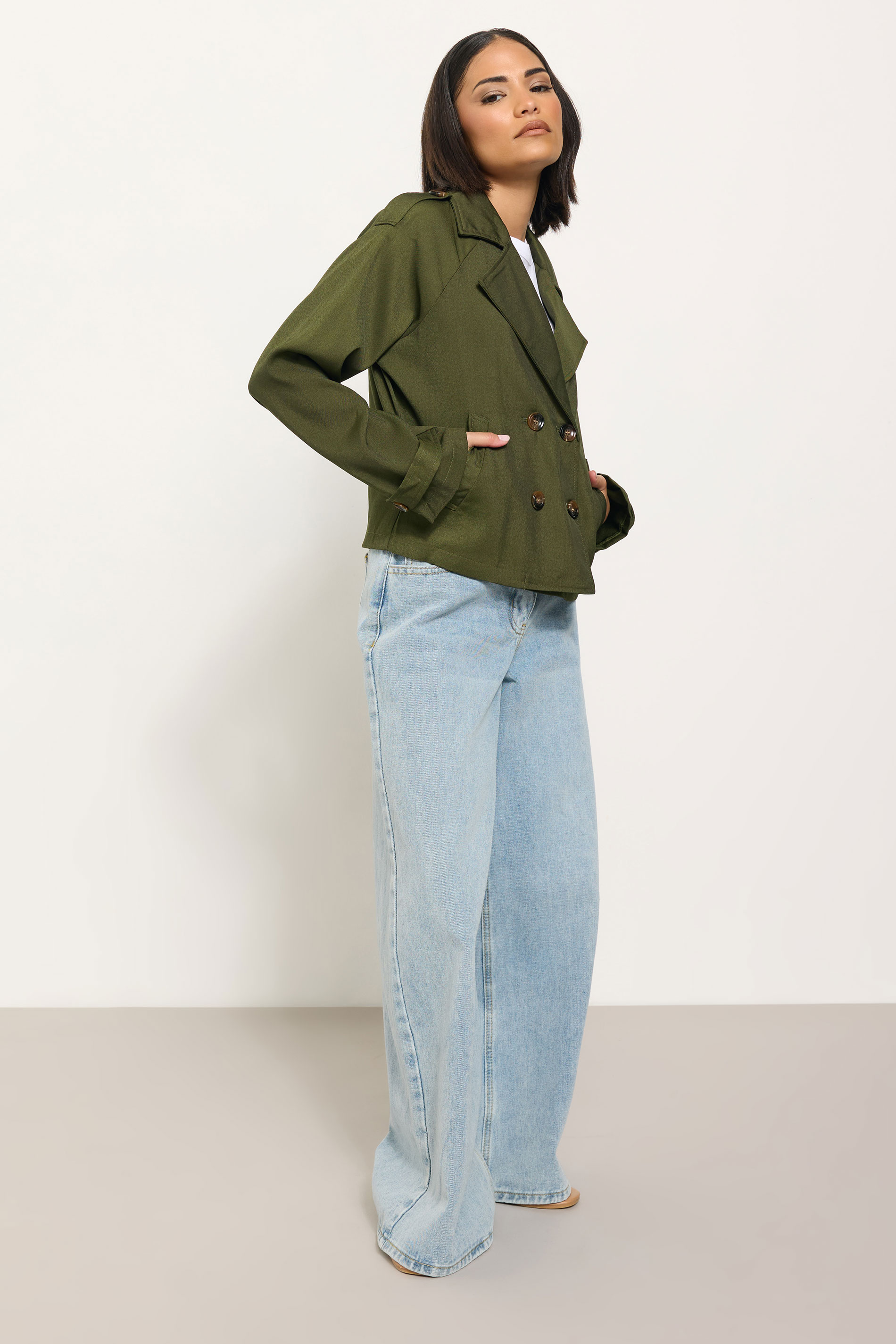 PixieGirl Petite Women's Olive Green Cropped Trench Duster Coat | PixieGirl 2