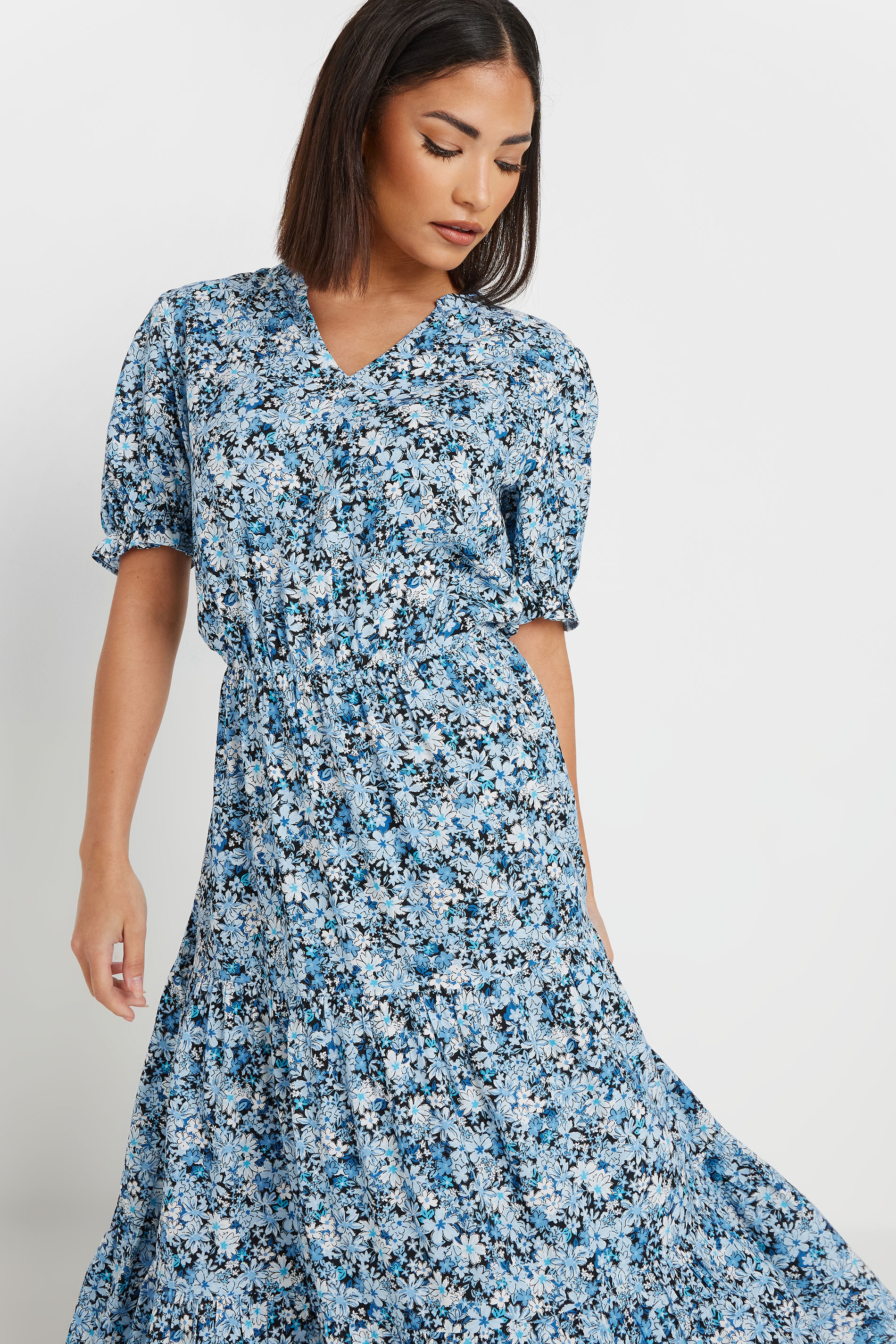 PixieGirl Petite Women's Blue Floral Print Tiered Smock Dress | PixieGirl 4