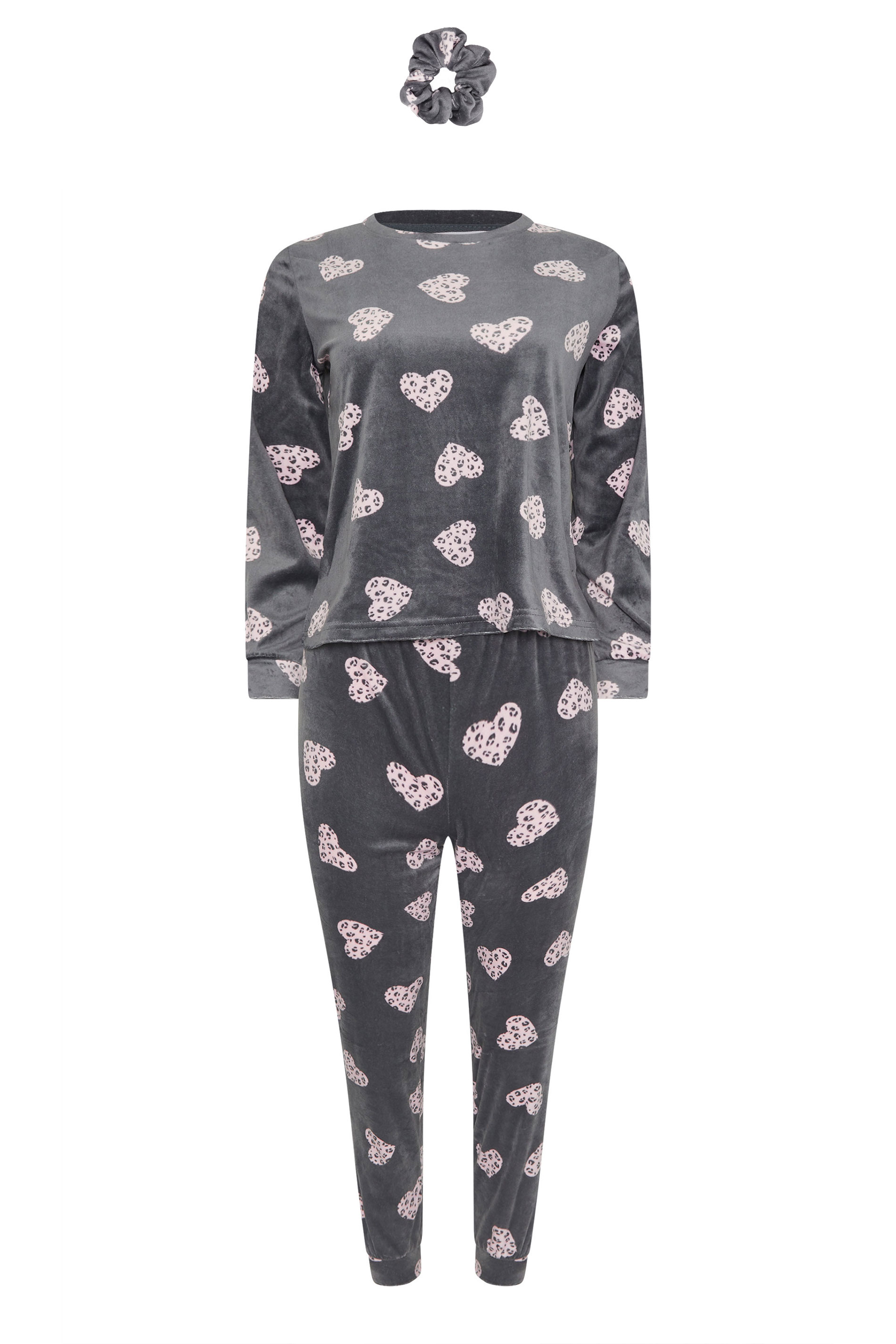 PixieGirl Petite Women's Grey Heart Fleece Pyjama & Scrunchie Set | PixieGirl 5