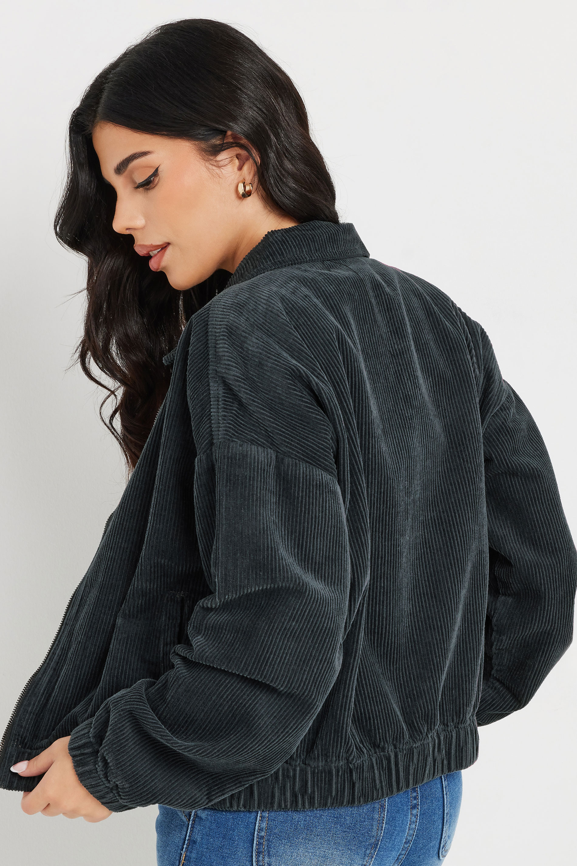 PixieGirl Petite Women's Charcoal Grey Cord Bomber Jacket | PixieGirl 5