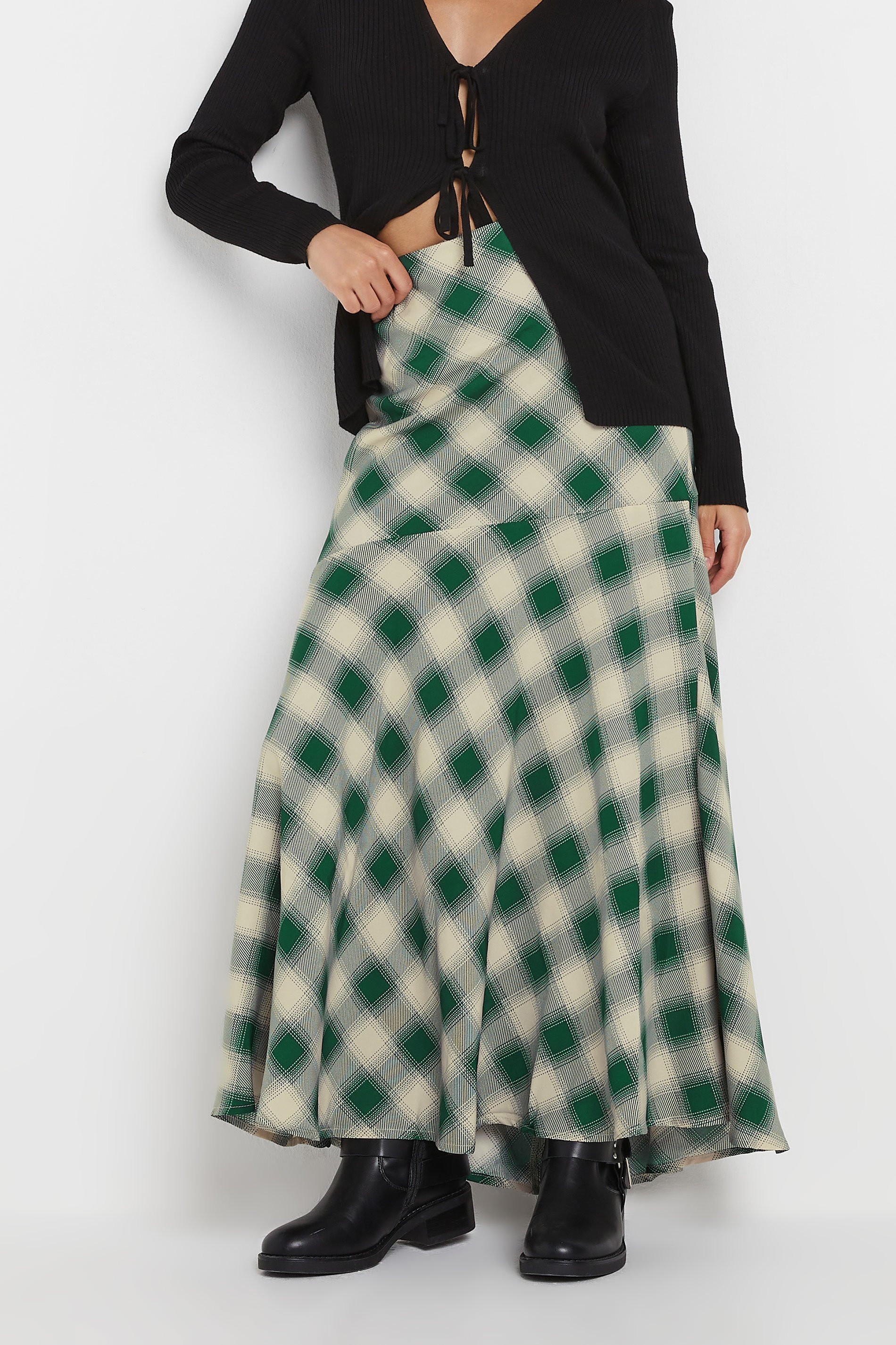 PixieGirl Petite Women's Dark Green Blurred Check Maxi Skirt | PixieGirl 2