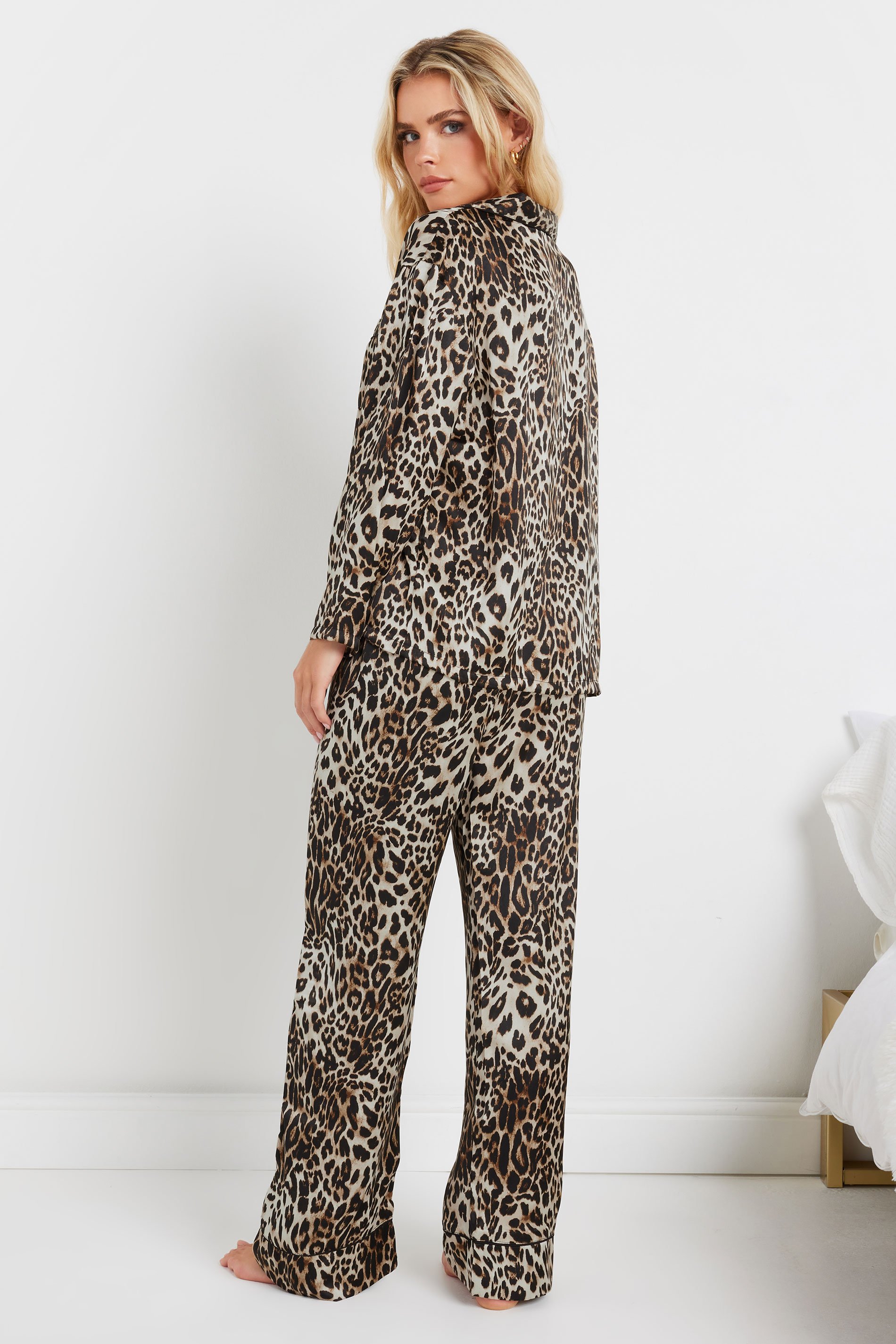 PixieGirl Petite Women's Brown Leopard Print Satin Pyjama Set | PixieGirl 4