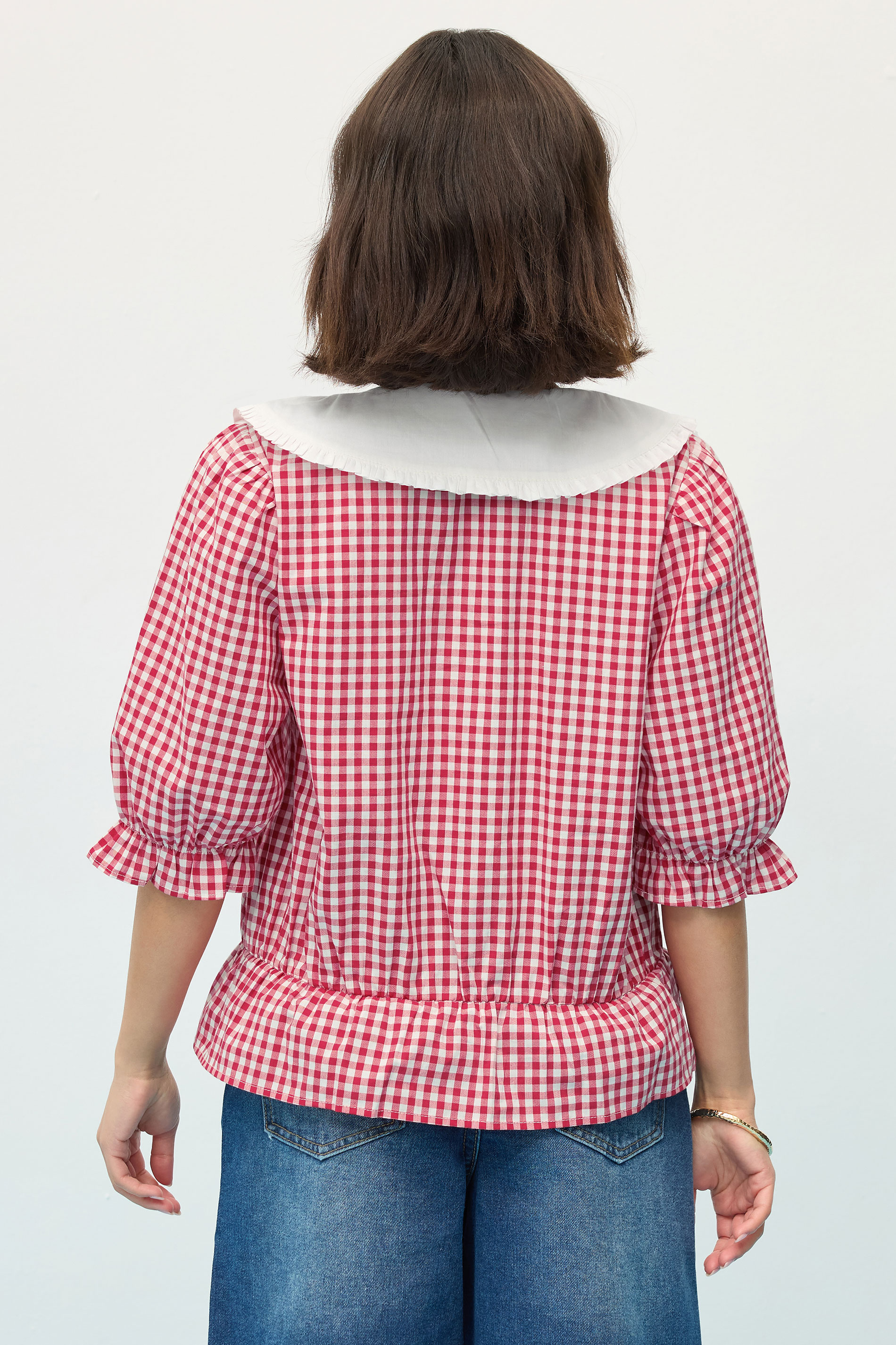 PixieGirl Petite Women's Red Gingham Tie Front Collar Peplum Top | PixieGirl 4