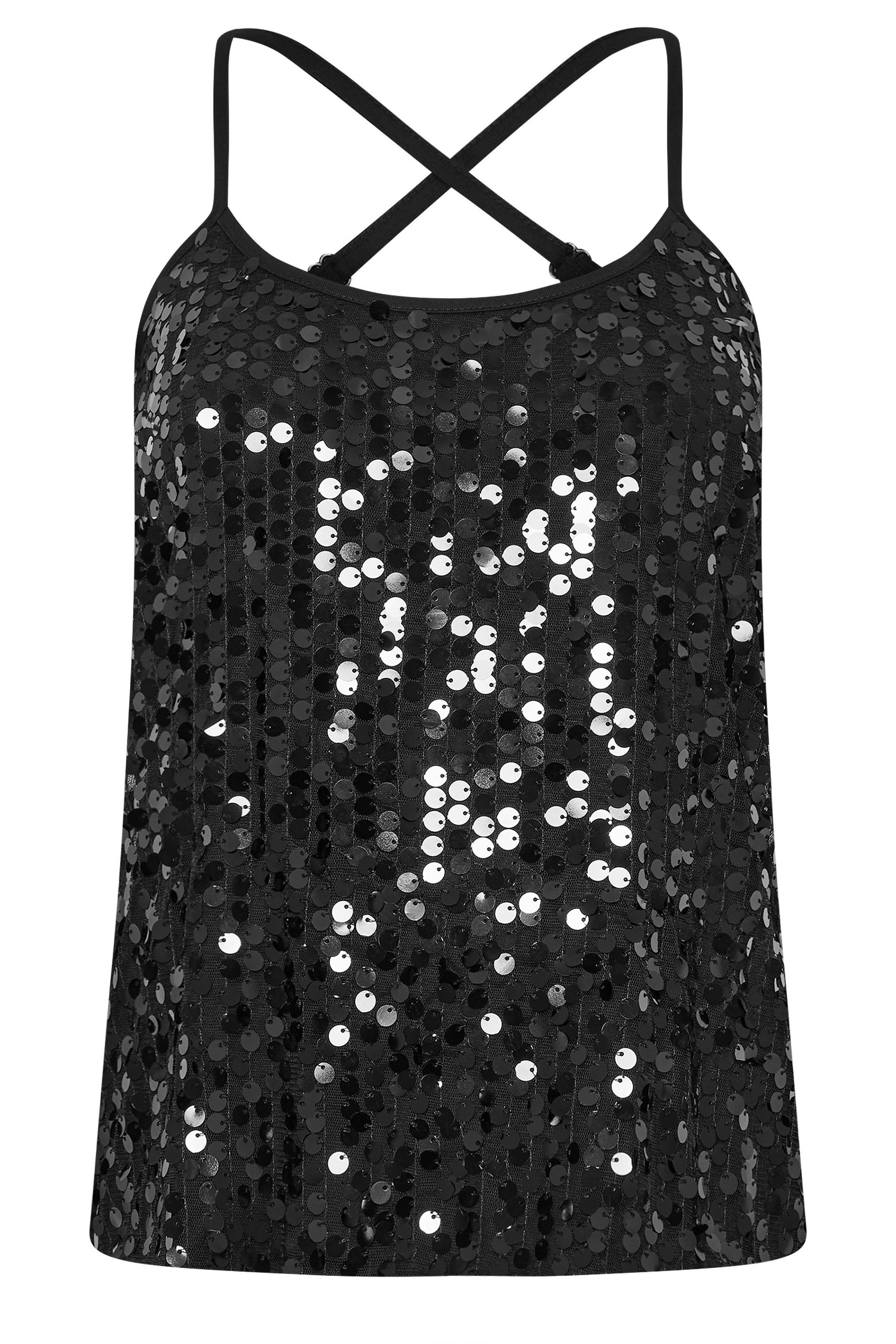 PixieGirl Petite Women's Black Sequin Embellished Cross Back Top | PixieGirl 7
