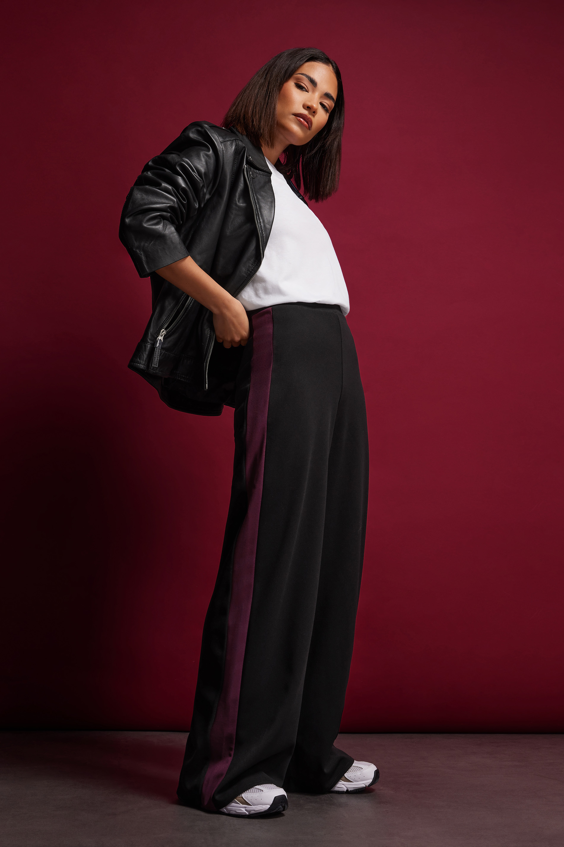 PixieGirl Petite Women's Burgundy Red Stripe Wide Leg Trousers | PixieGirl 1