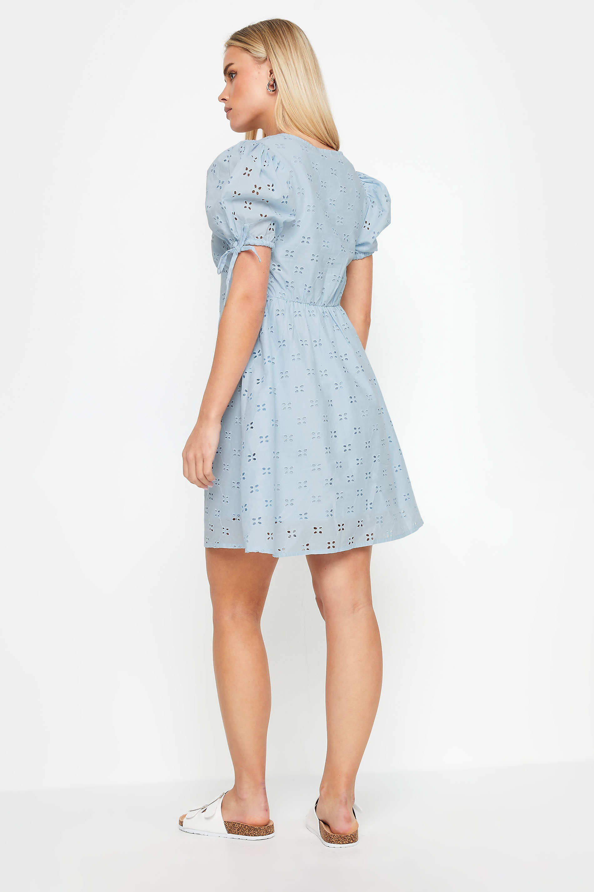PixieGirl Petite Women's Blue Tie Sleeve Broderie Mini Dress | PixieGirl 3