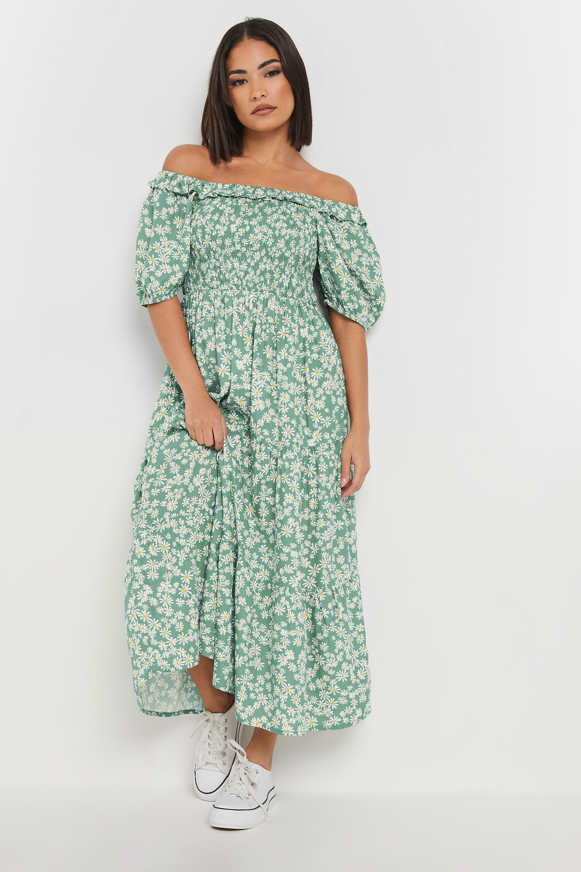 PixieGirl Petite Women's Green Daisy Tiered Bardot Dress | PixieGirl 2