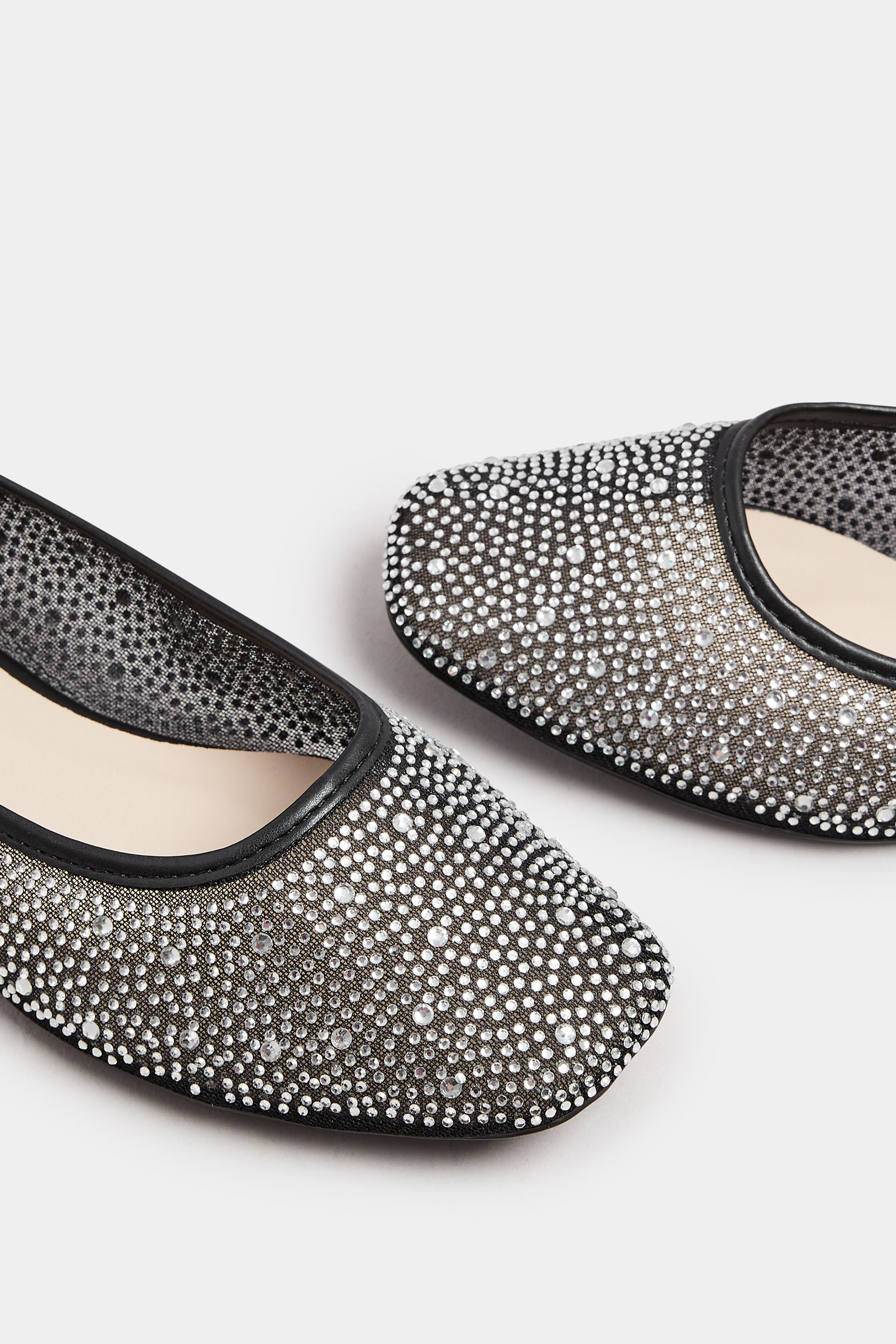 Black Mesh Diamante Embellished Ballerina Pumps In Wide E Fit | Yours Clothing 5