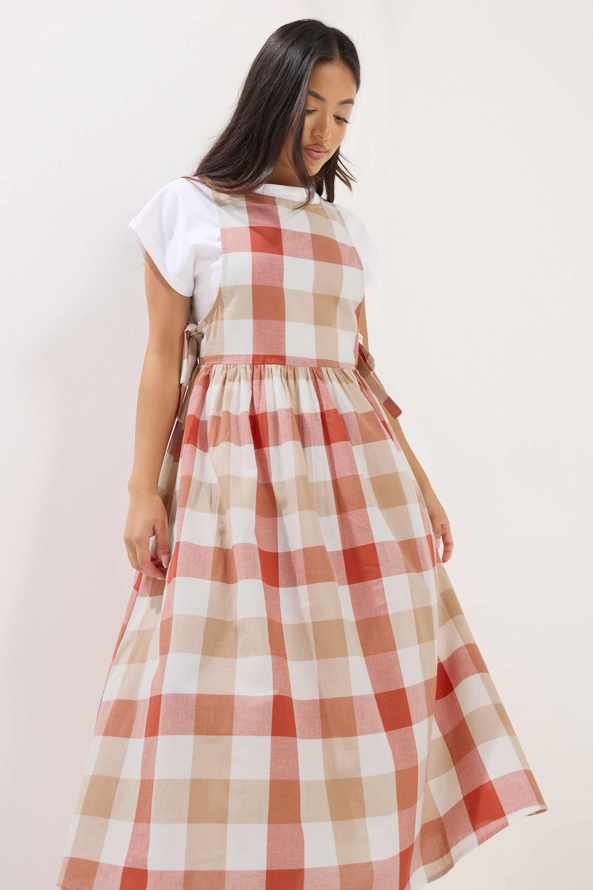 PixieGirl Petite Women's Pink Check Cotton Midi Dress | PixieGirl 2